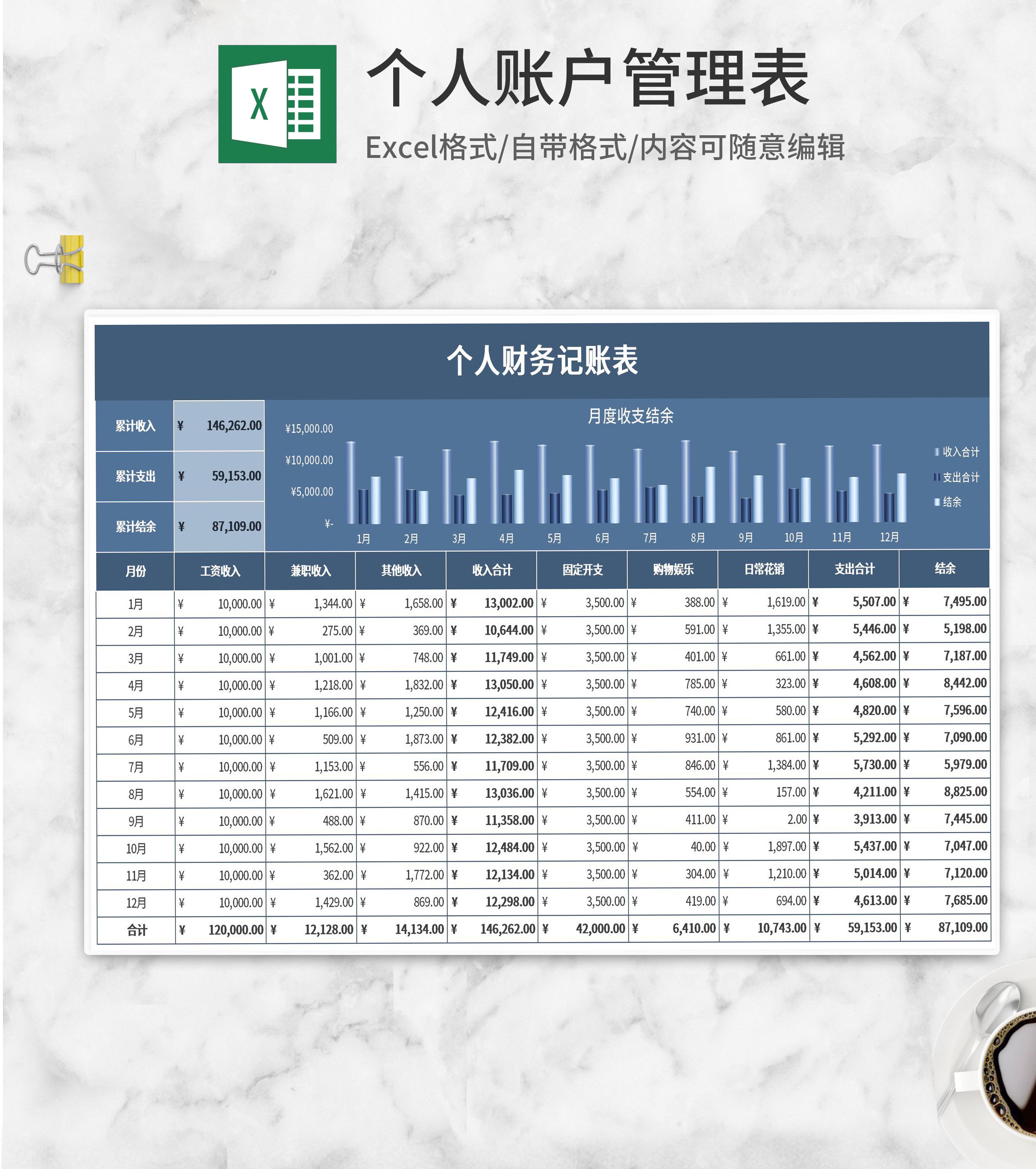 蓝色年度个人财务记账表Excel模板