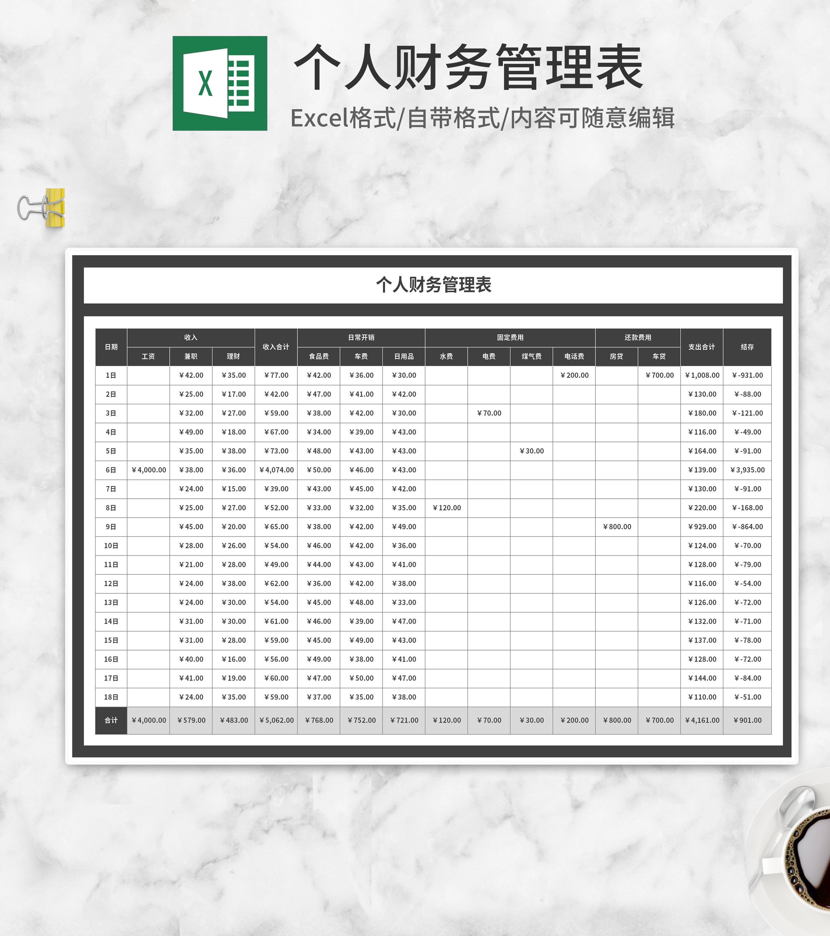 灰色个人月度财务管理表Excel模板