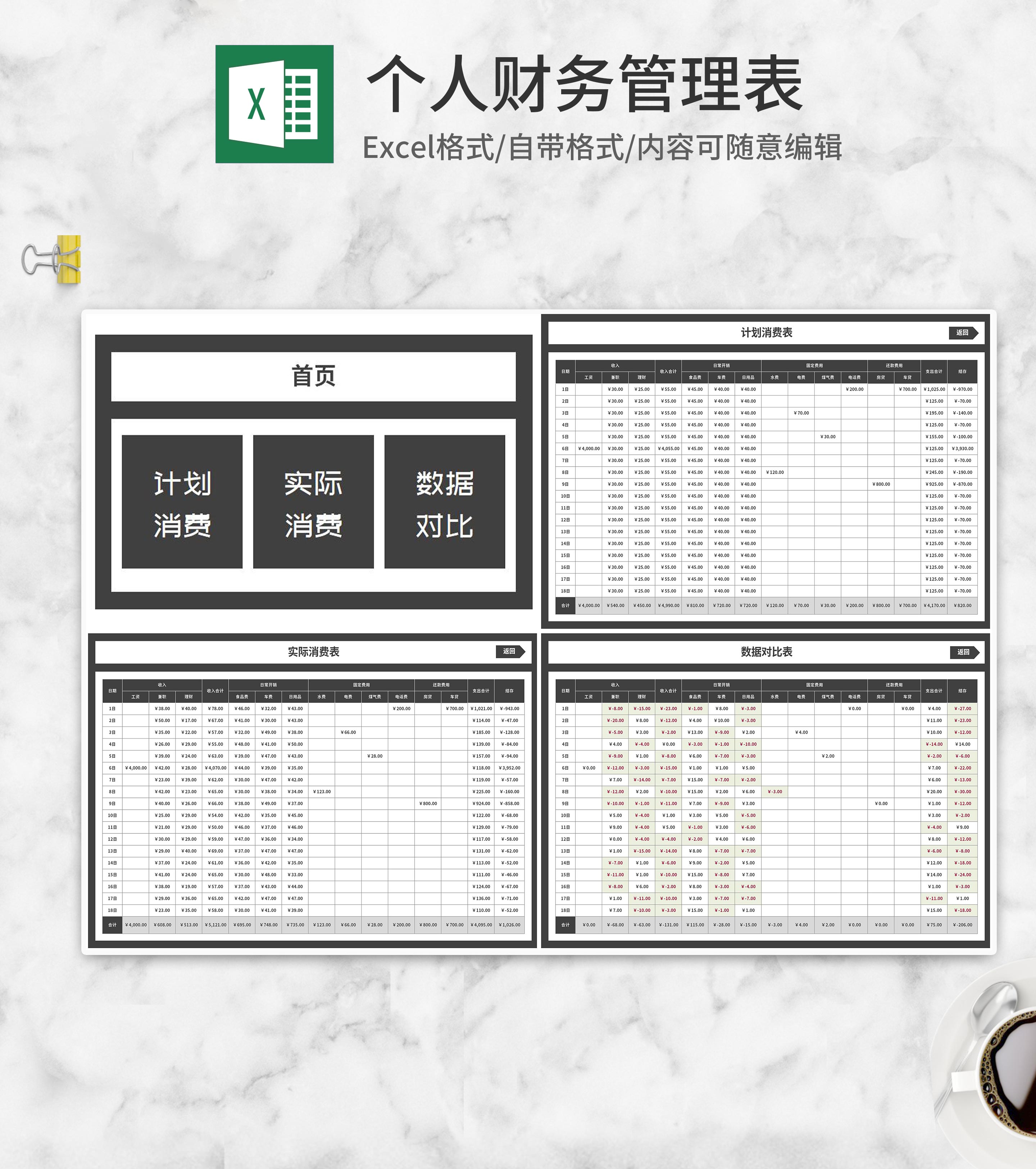 灰色消费计划实际财务管理表Excel模板