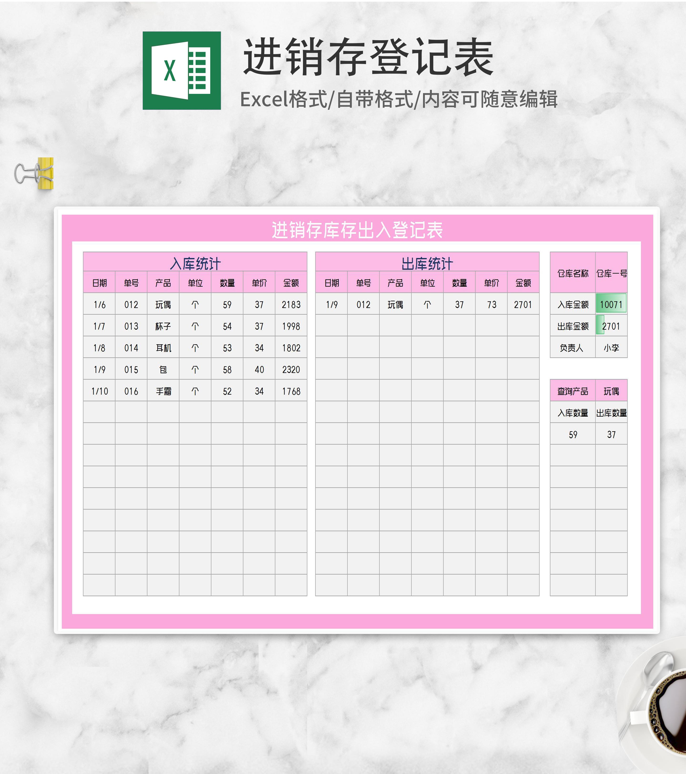 粉色进销存库存出入登记表Excel模板
