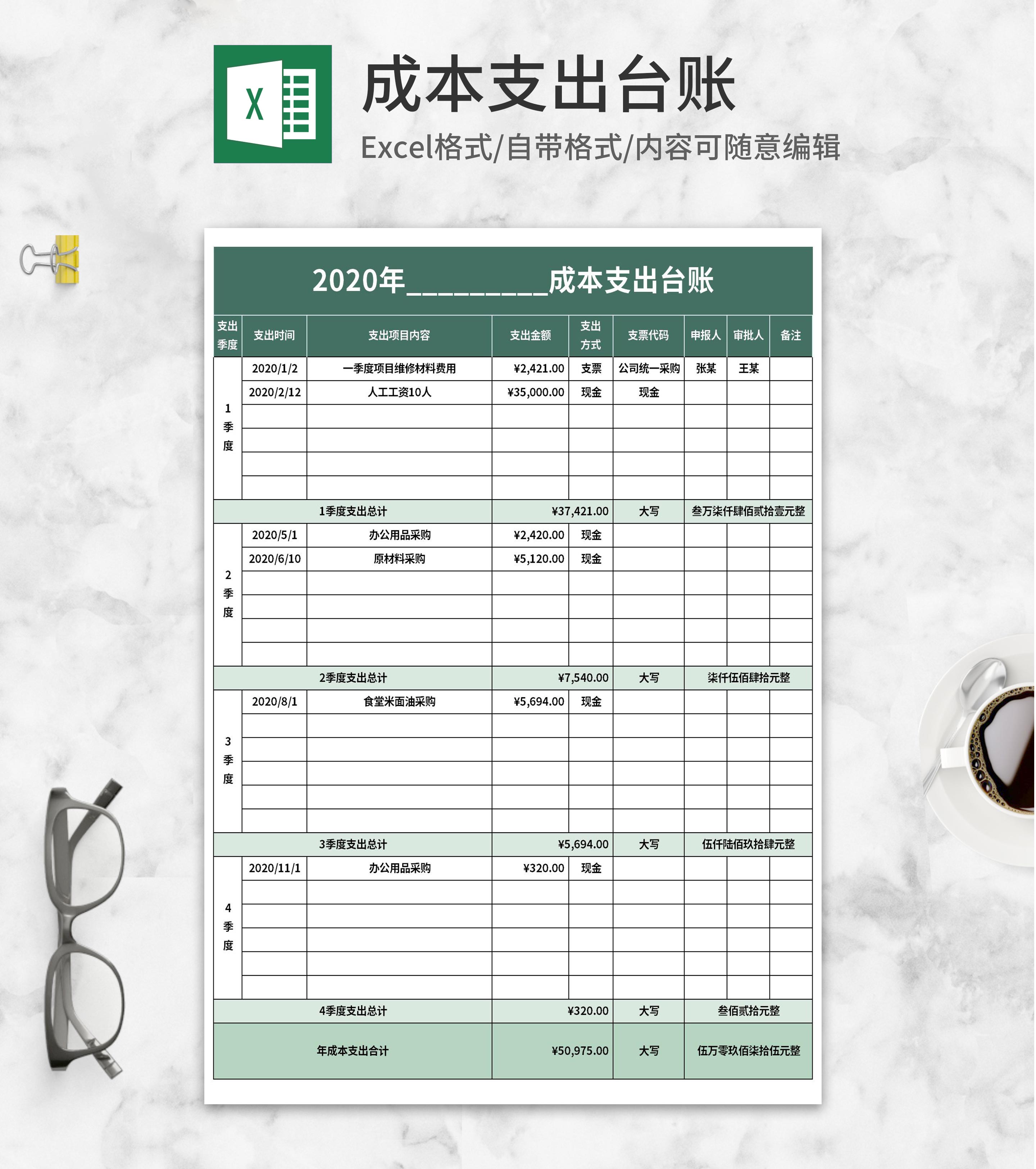 绿色年份季度成本支出台账Excel模板