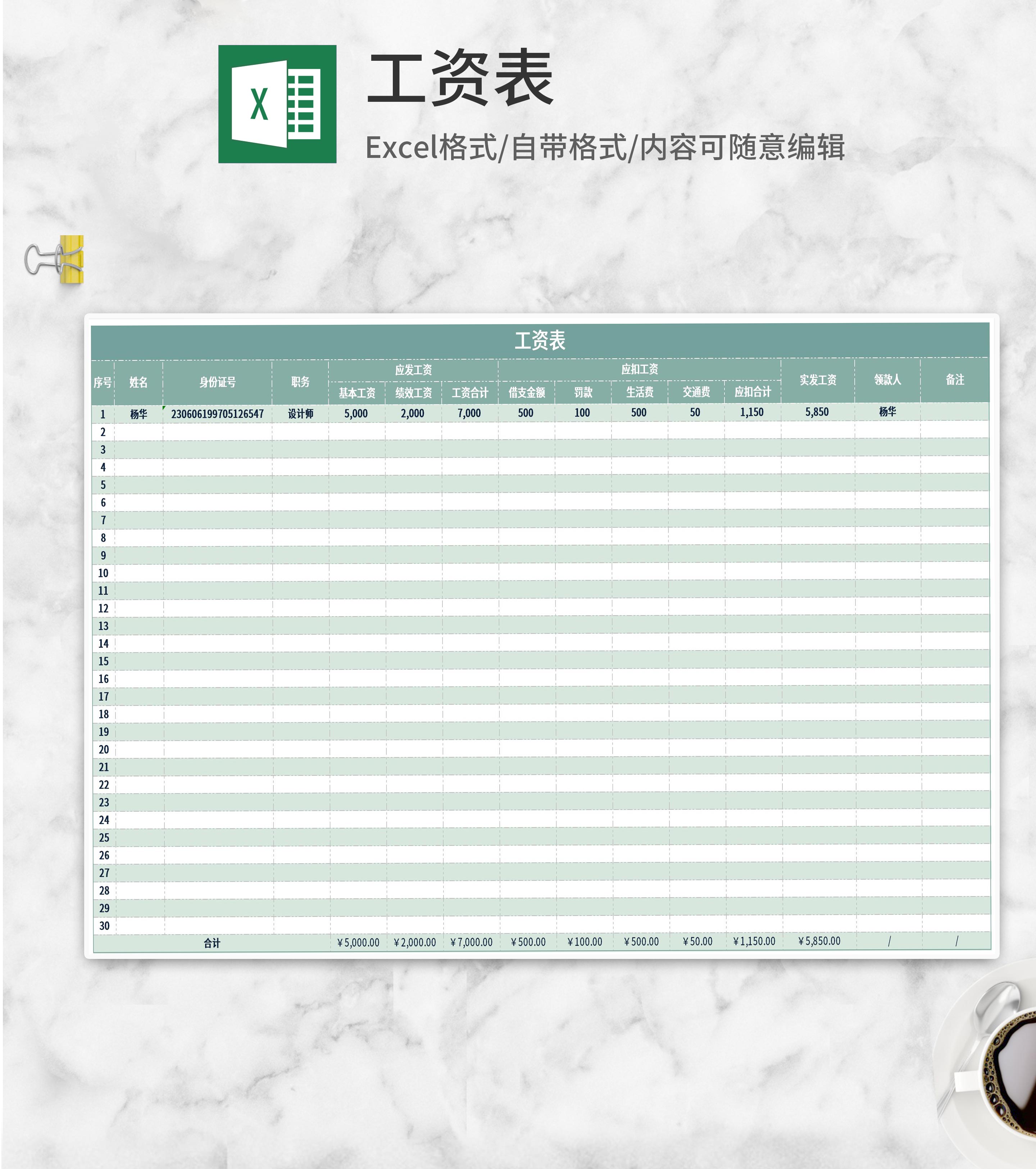 员工工资表Excel模板