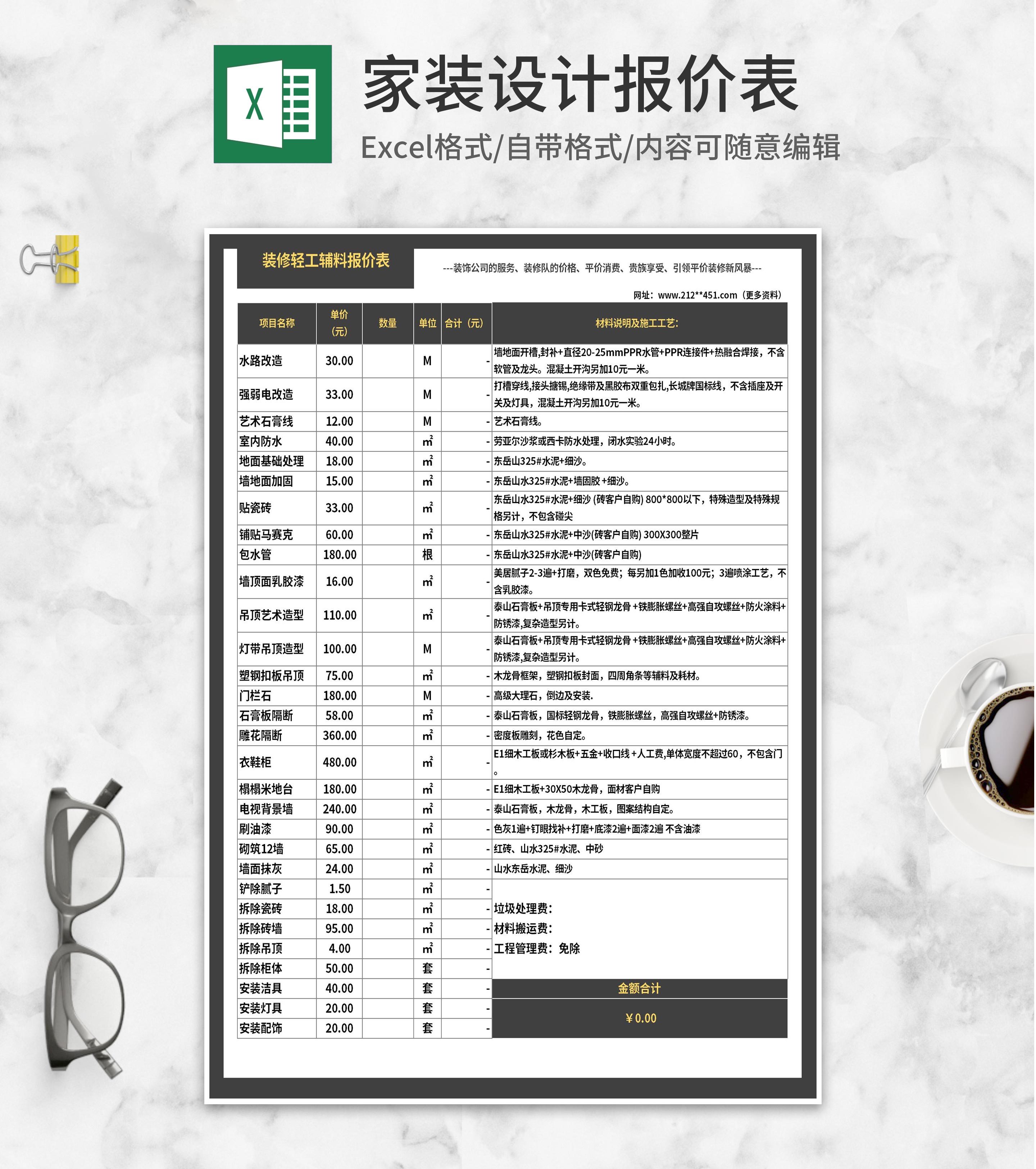 装修轻工辅料报价表Excel模板