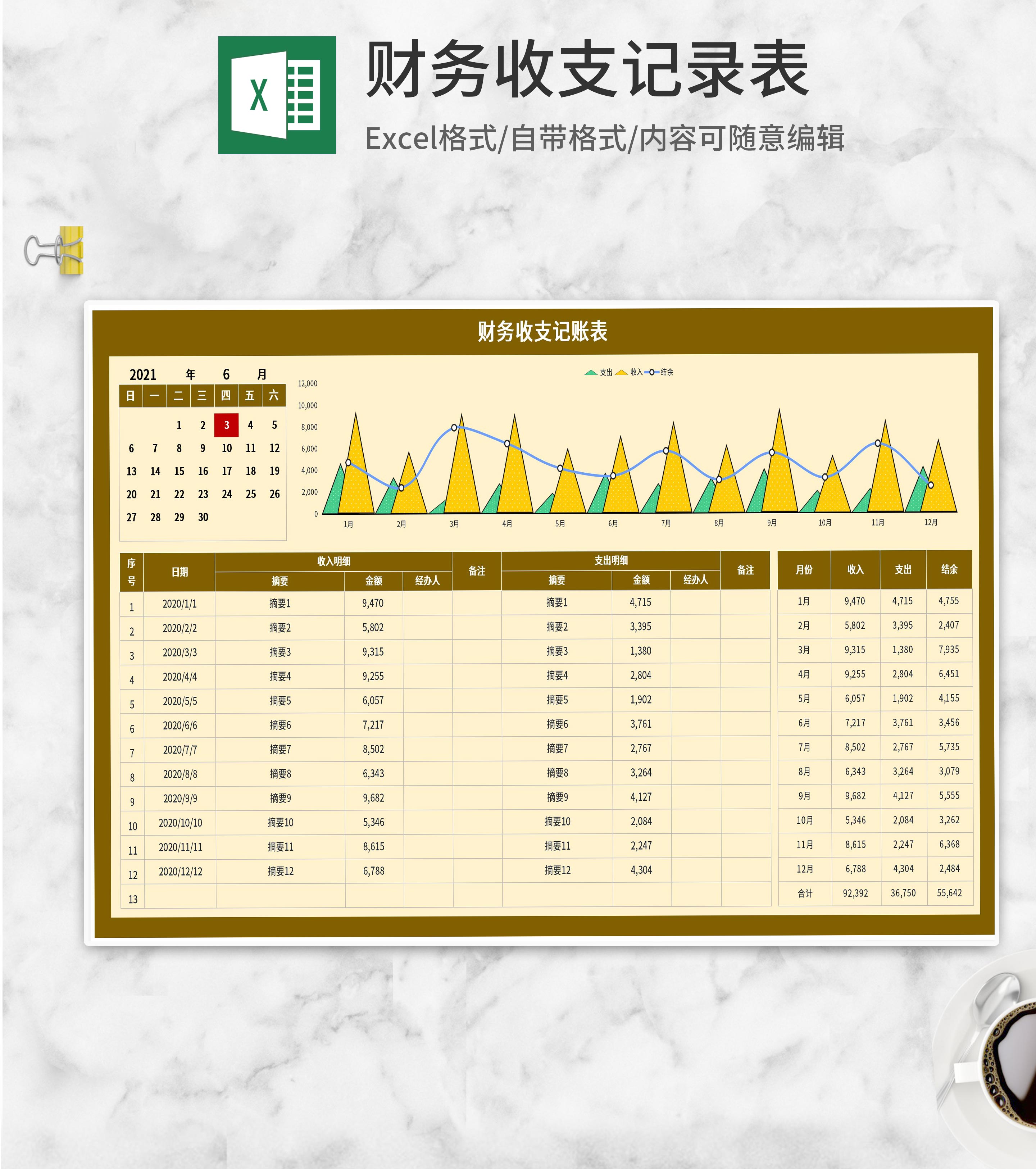 年度月份财务收支记账表Excel模板