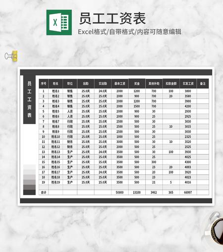 深灰员工工资表Excel模板