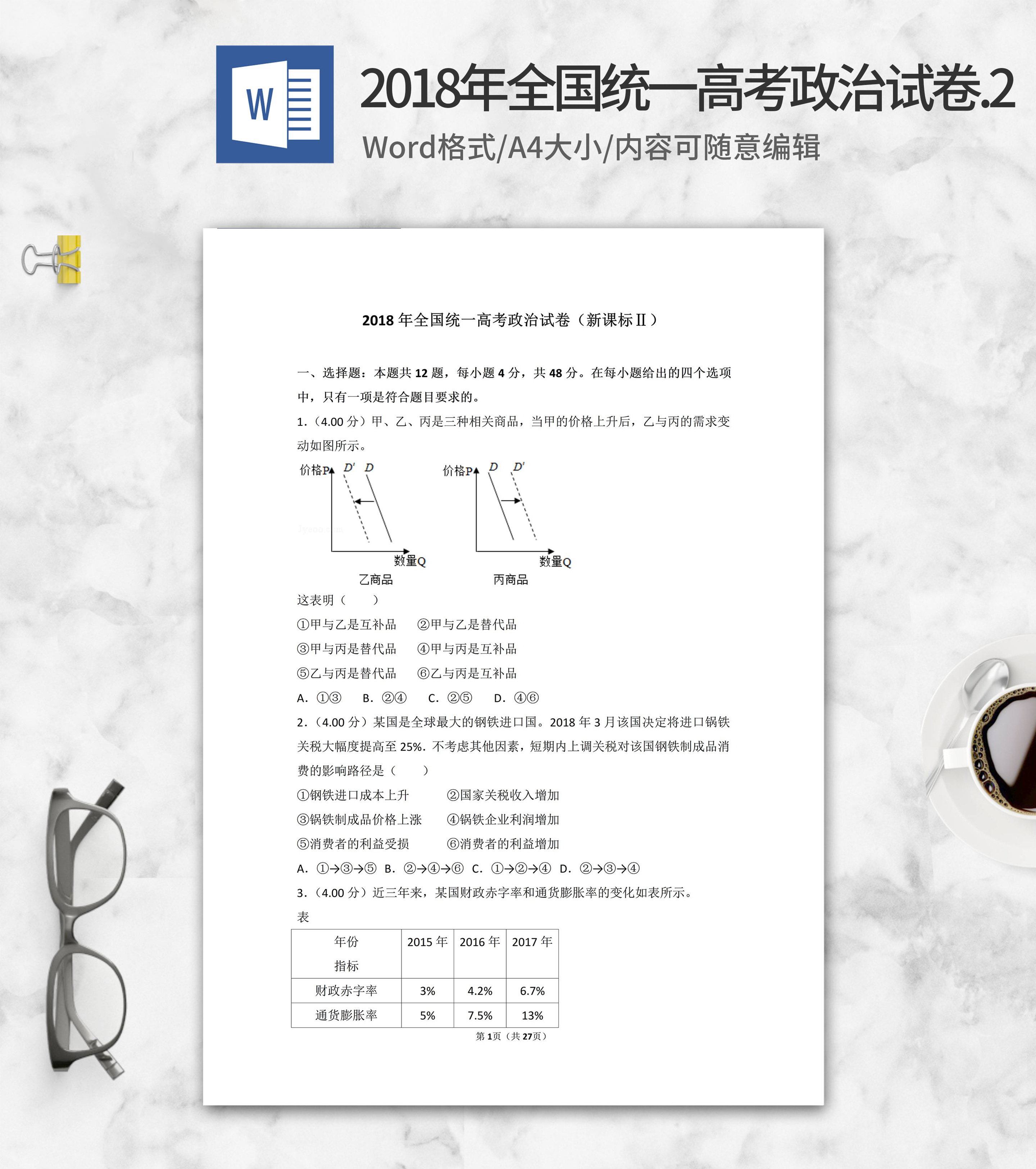 2018年全国统一高考政治考试2卷