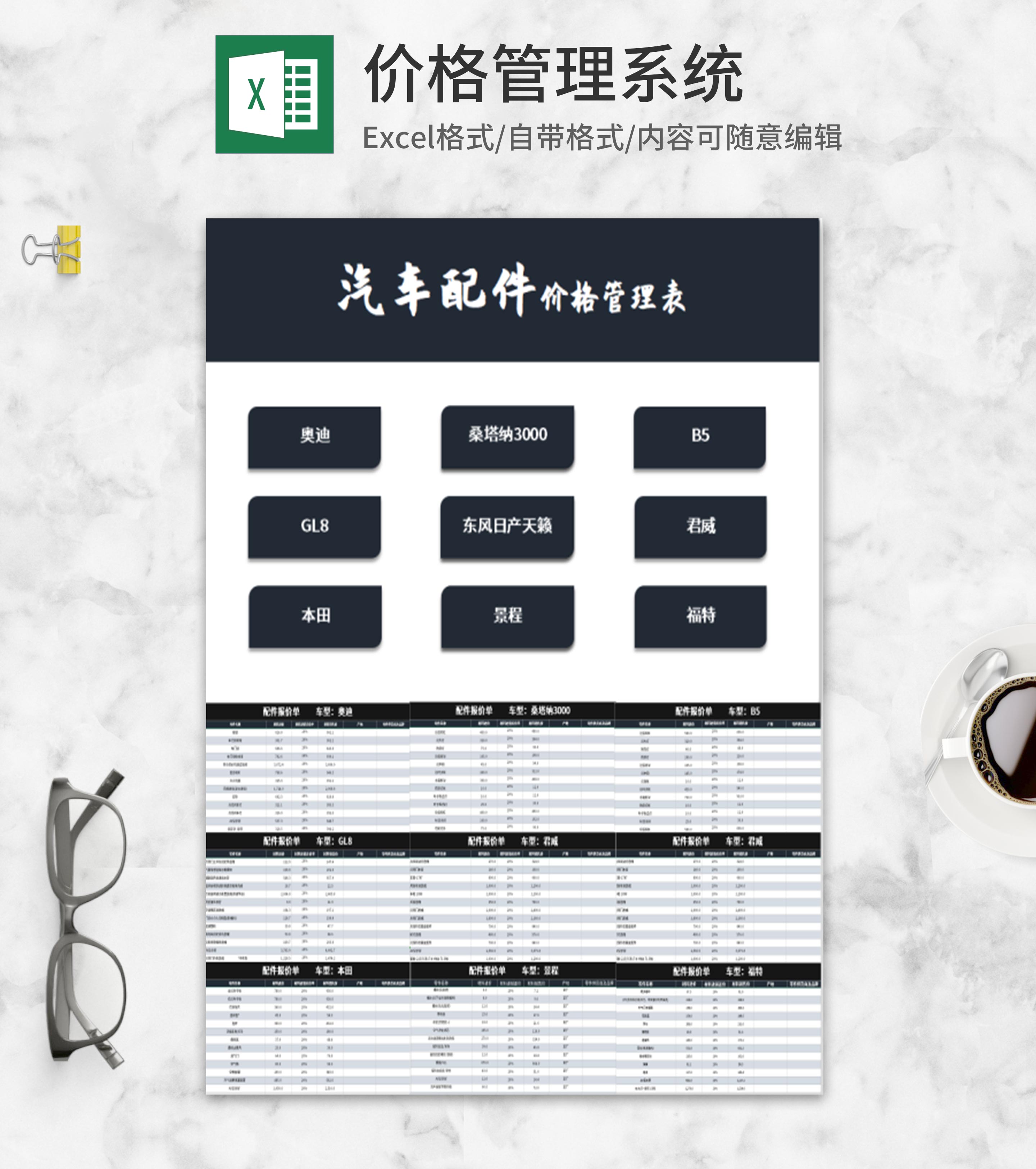 汽车配件价格管理系统Excel模板