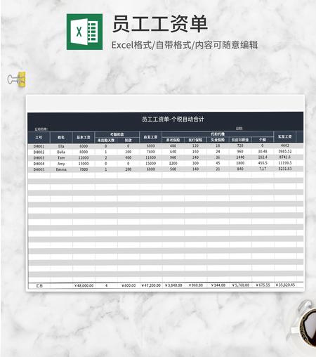 员工个税明细工资单Excel模板