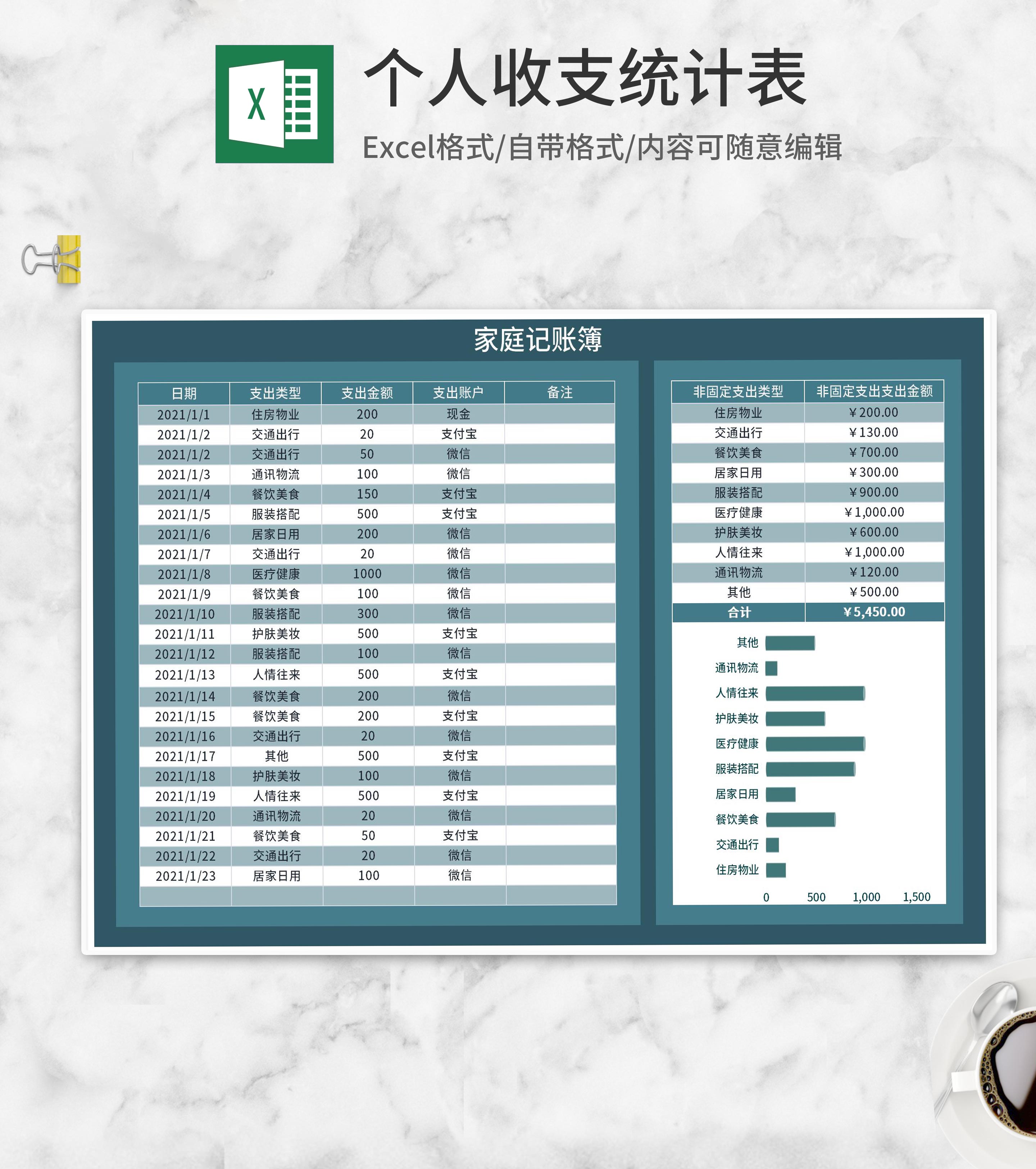 蓝色家庭个人收支记账簿Excel模板