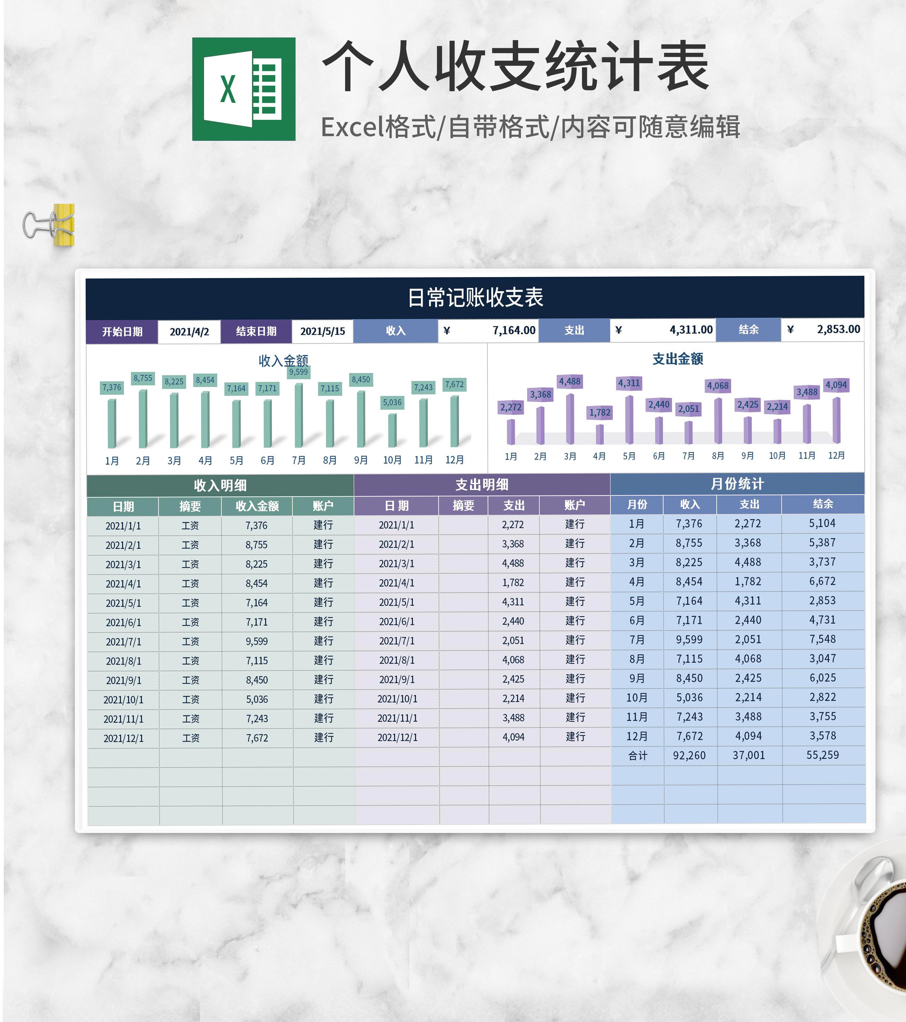 账户月份日常记账收支表Excel模板