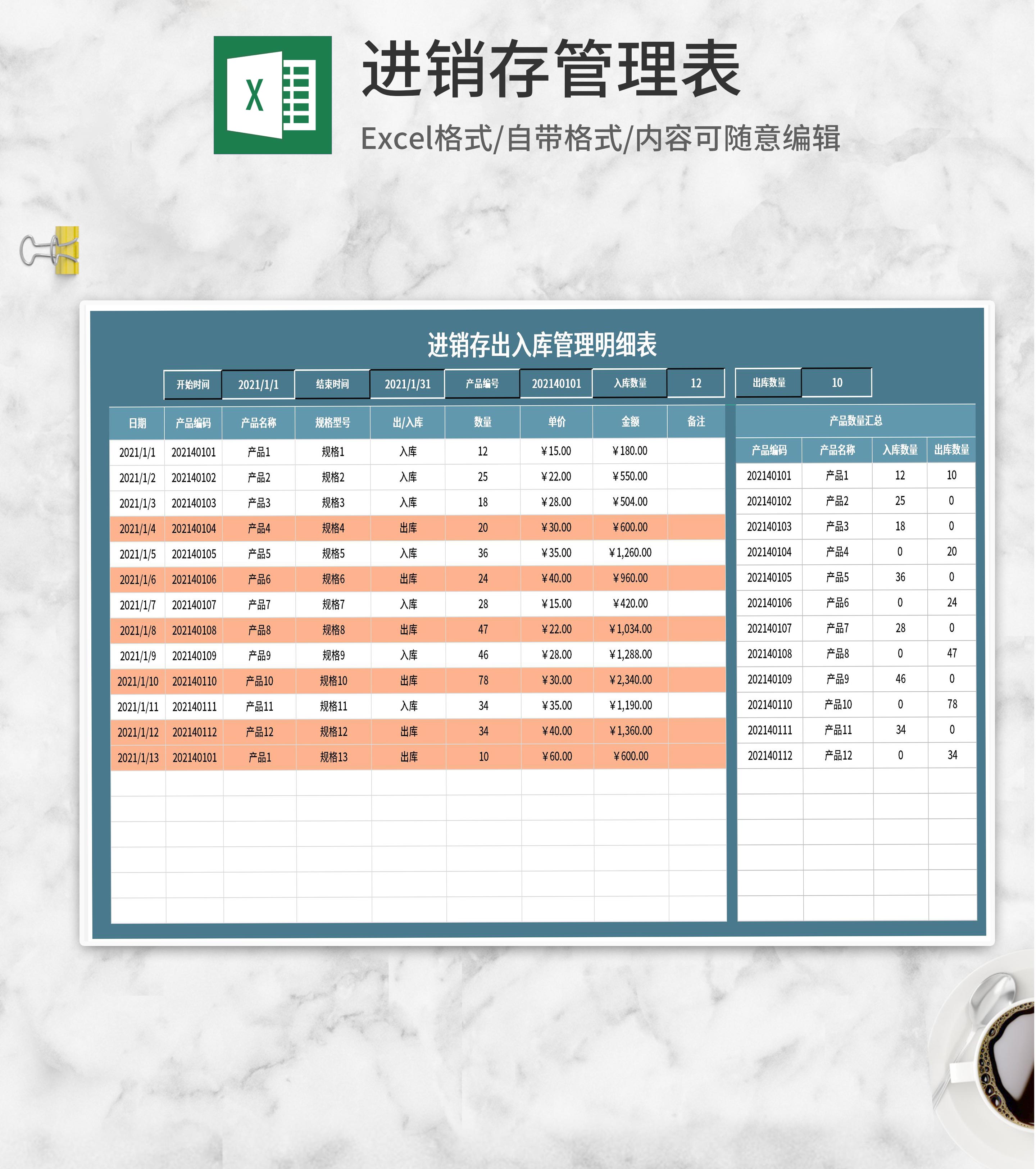 产品进销存出入库管理明细表Excel模板