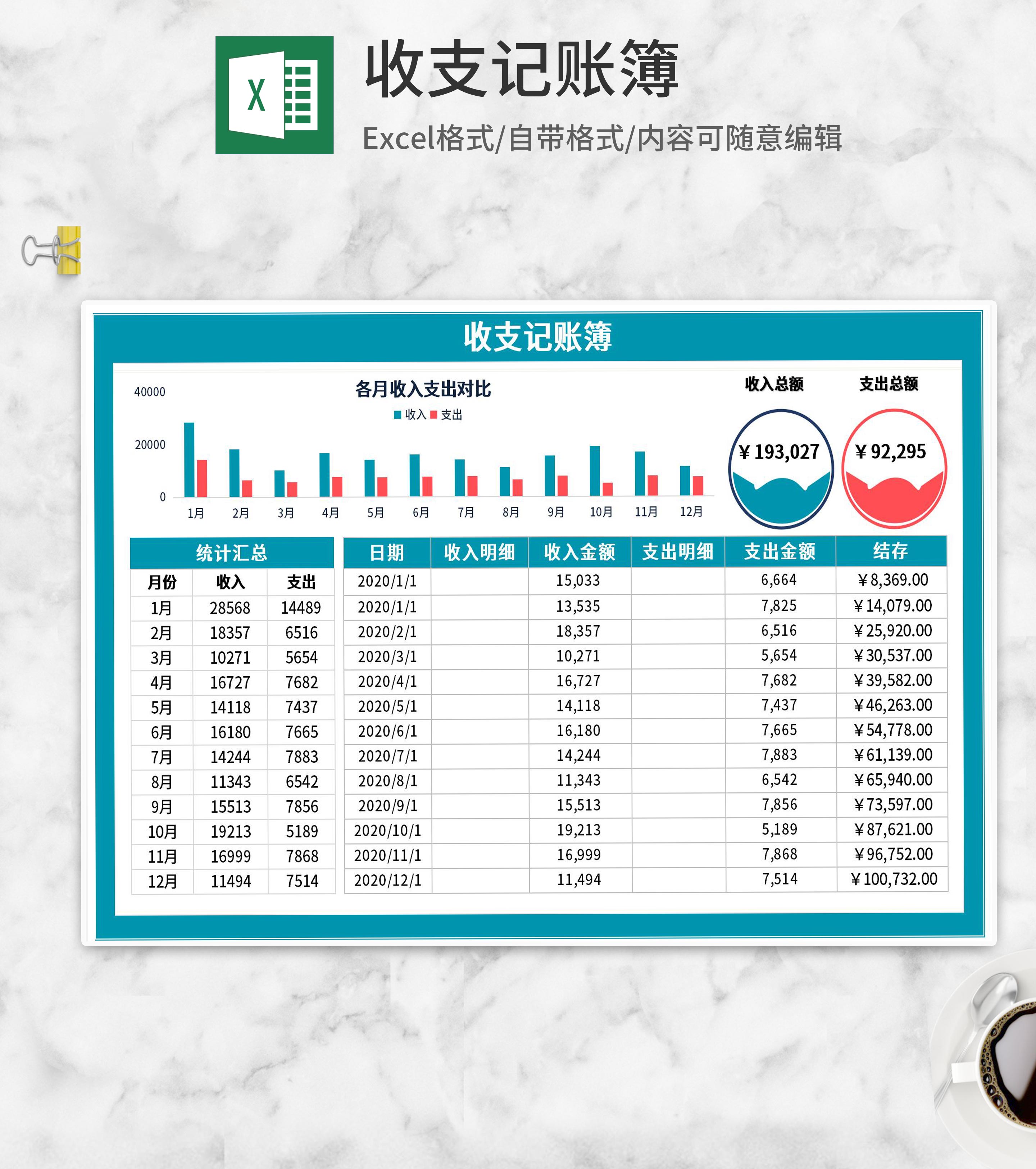 月度明细收支记账簿Excel模板
