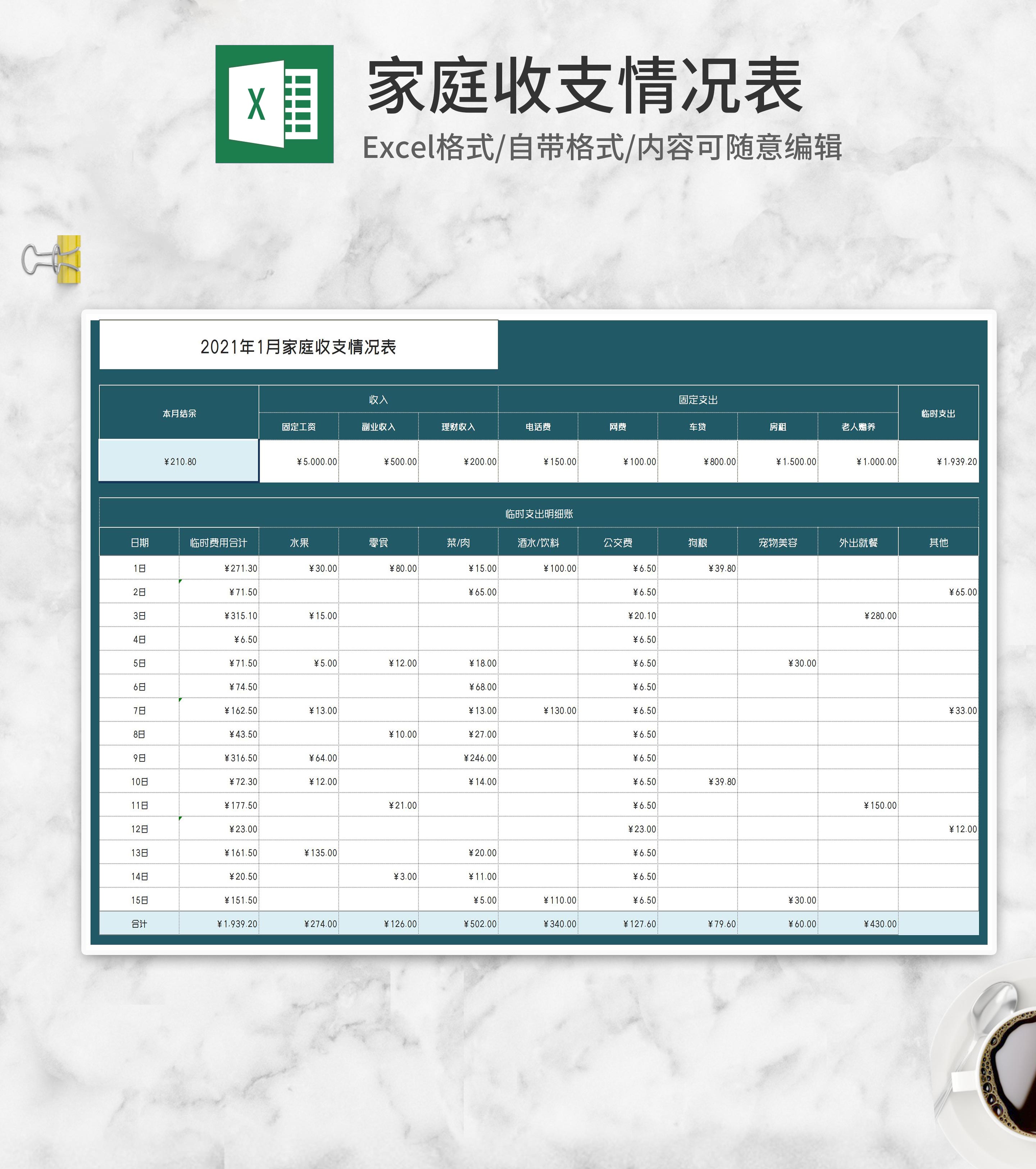 家庭收支情况表Excel模板