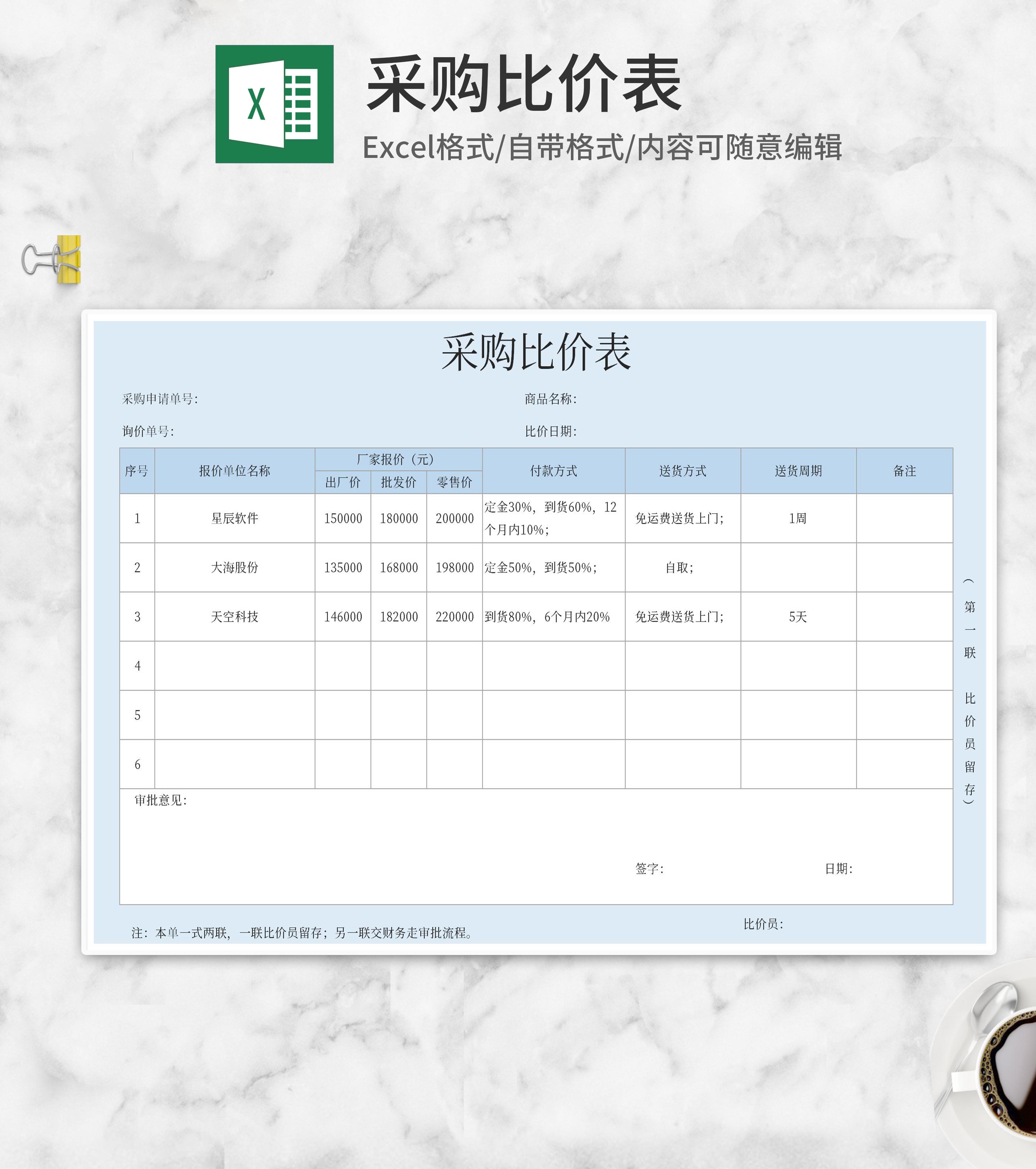 厂家采购比价表Excel模板