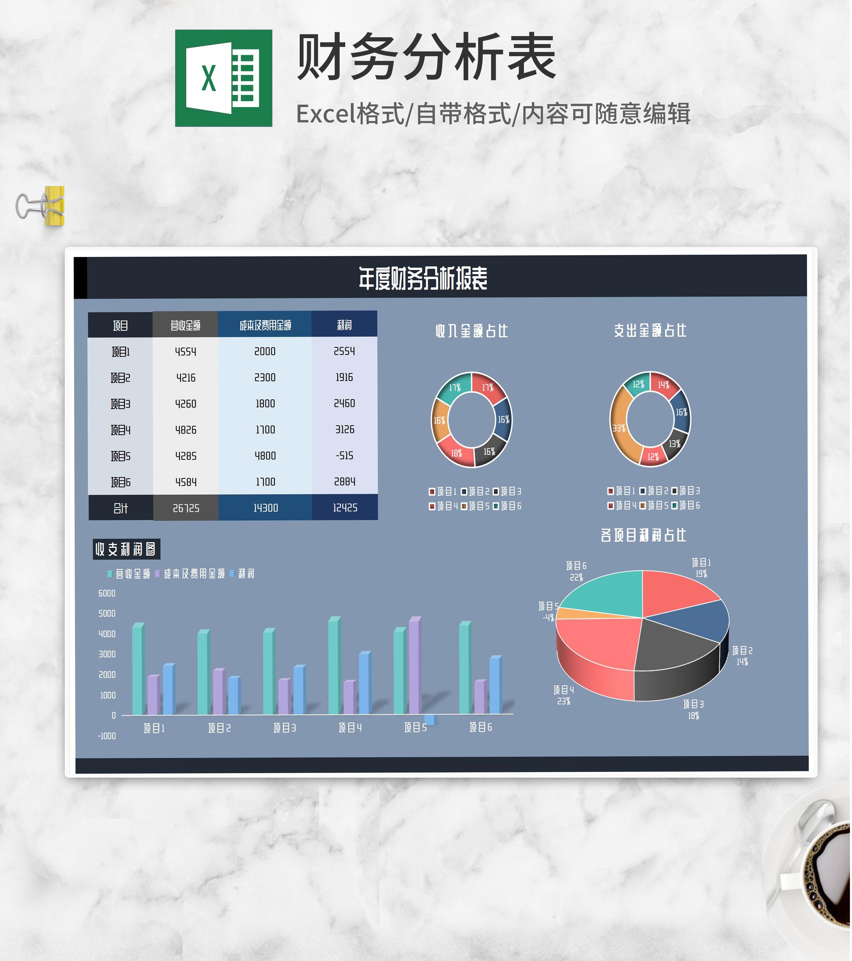 年度项目财务分析报表Excel模板