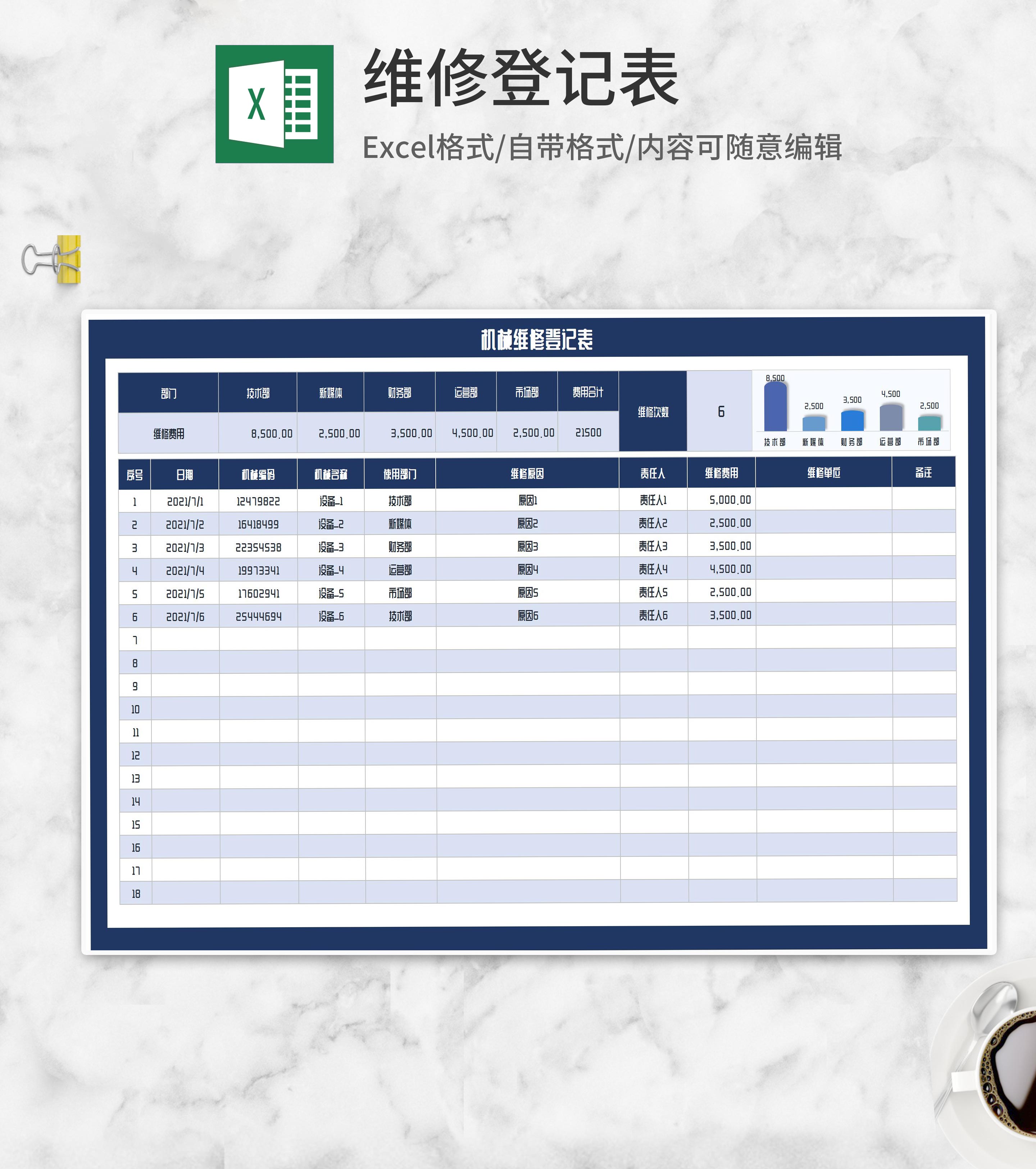 机械维修登记表Excel模板
