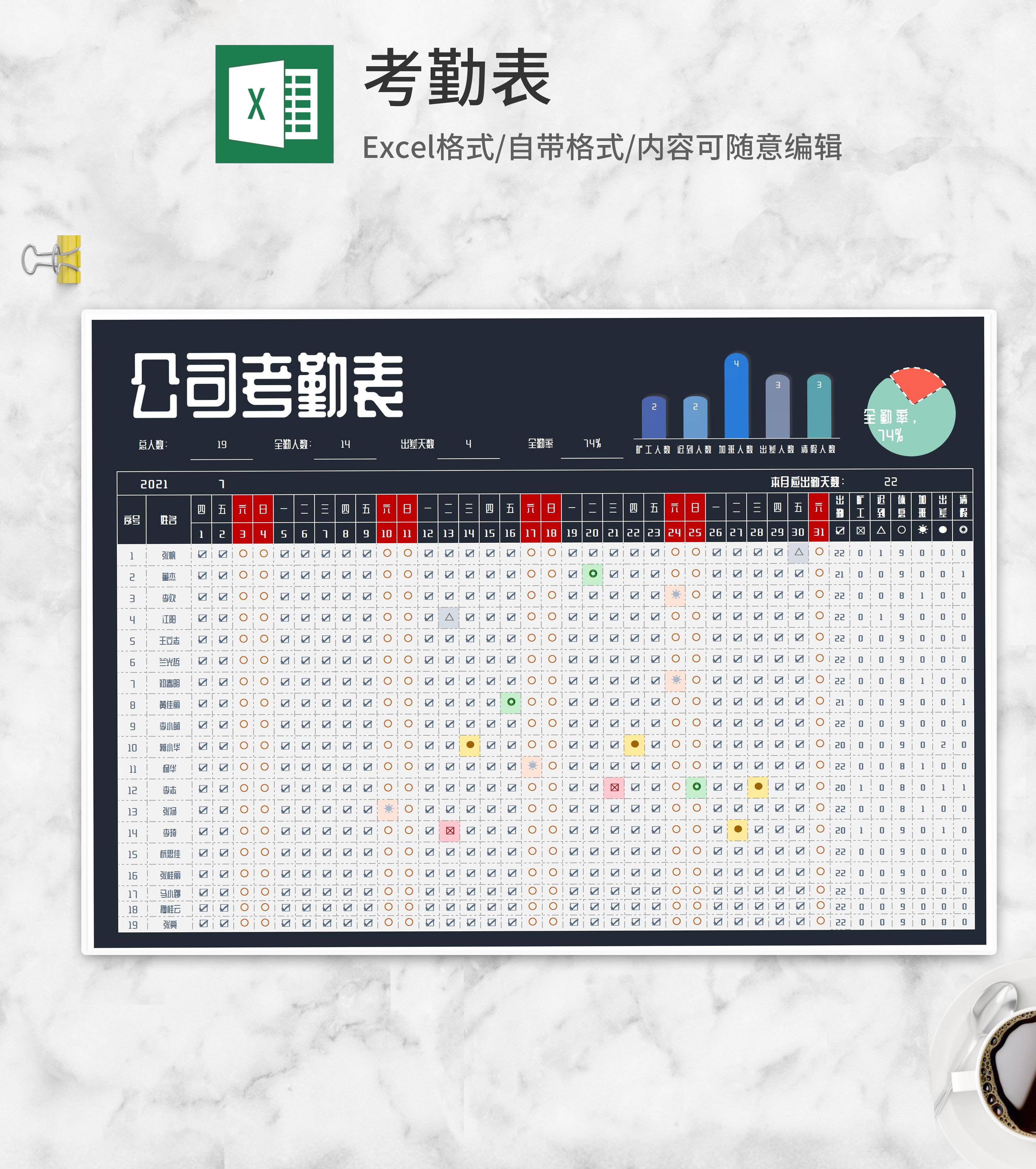 月度公司出勤考勤表Excel模板