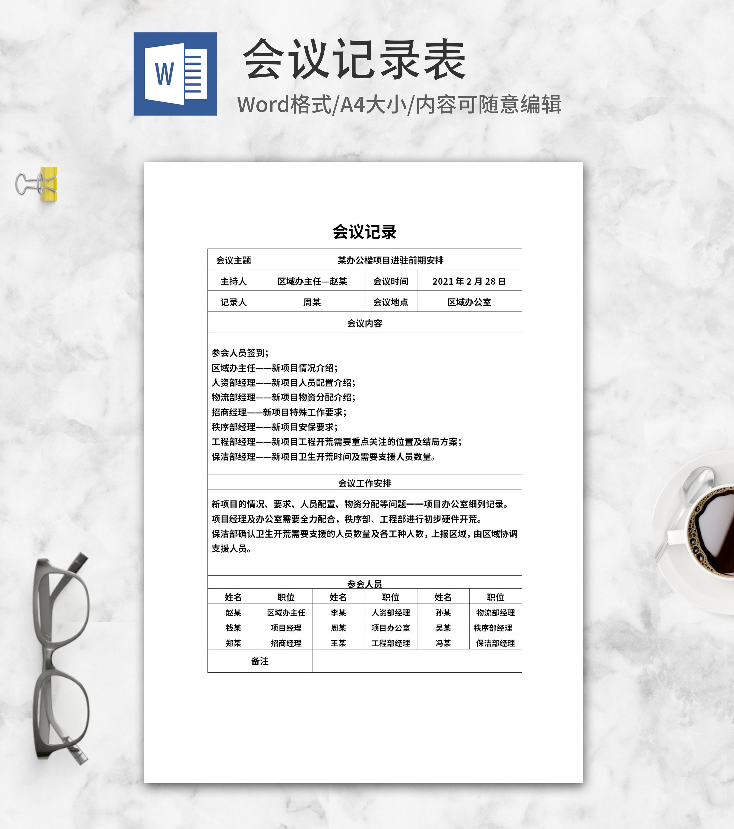 项目进驻前期安排会议记录表word模板