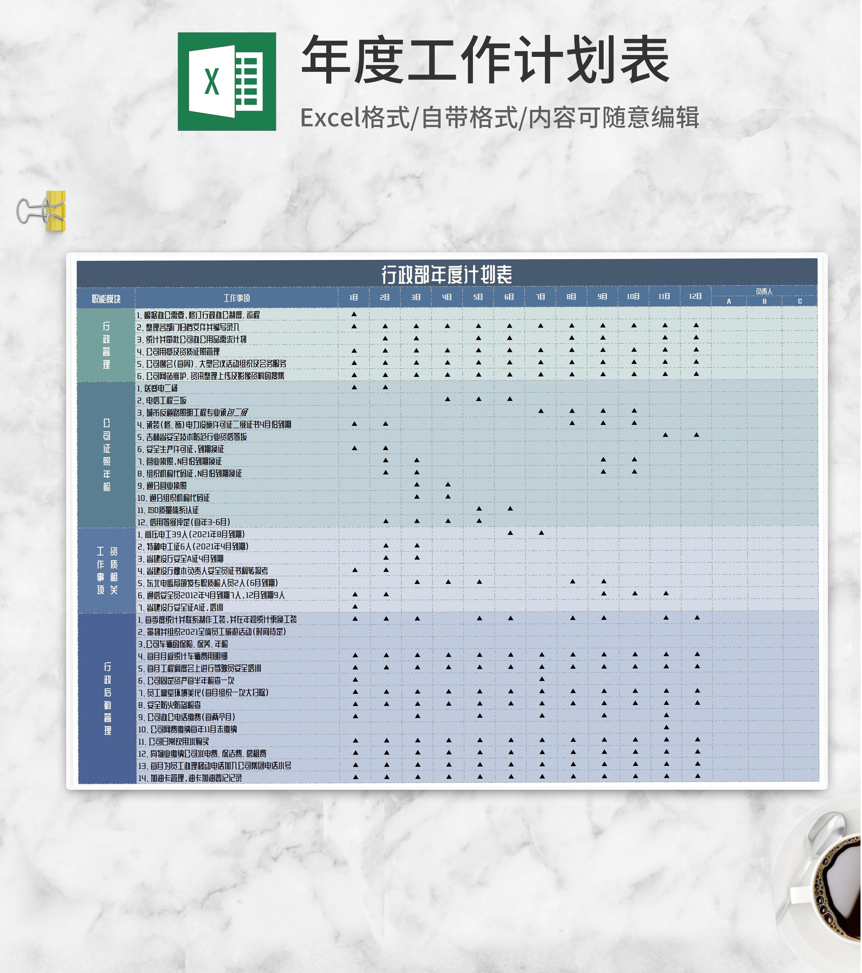行政部年度计划表Excel模板