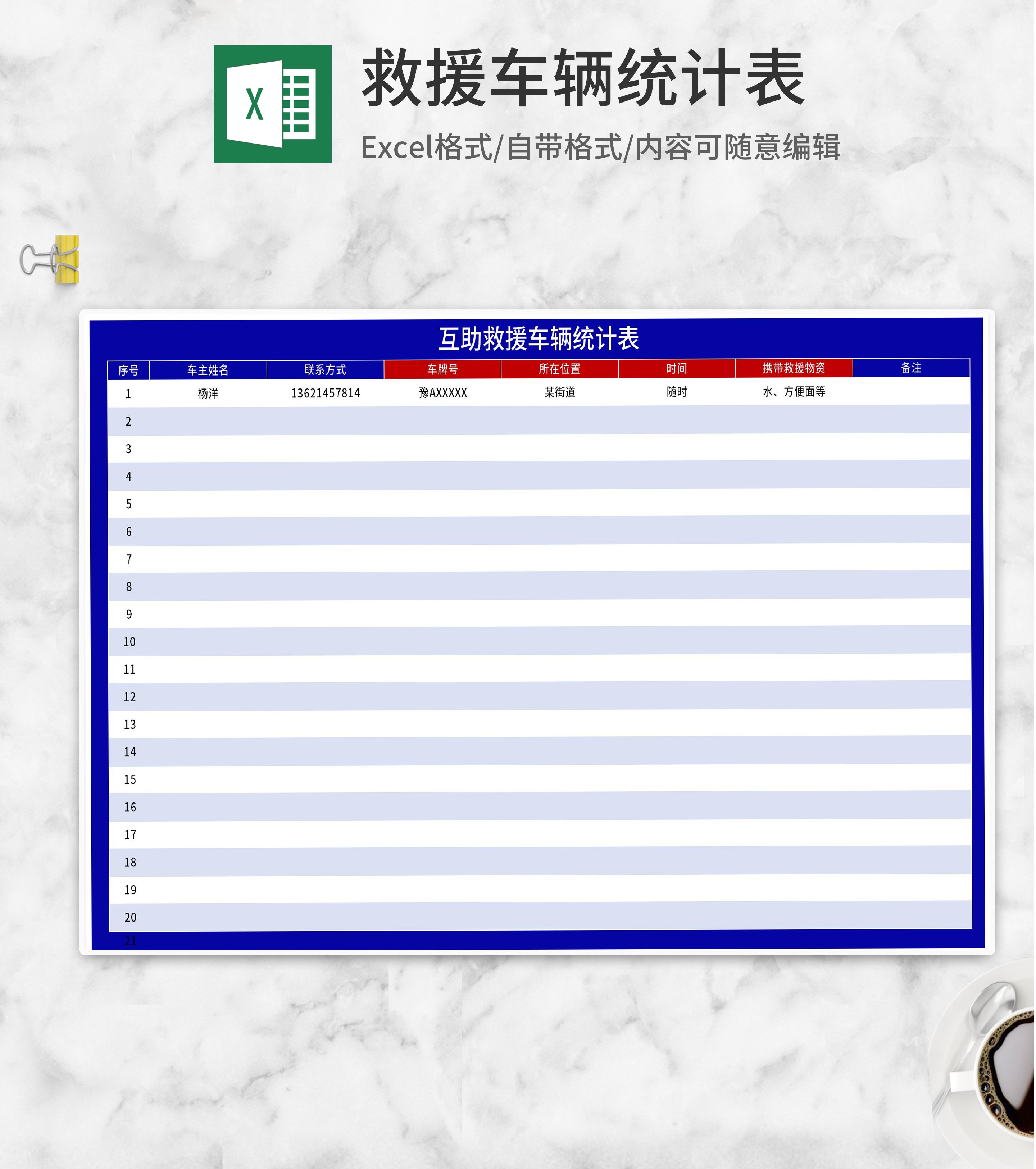 互助救援车辆统计表Excel模板