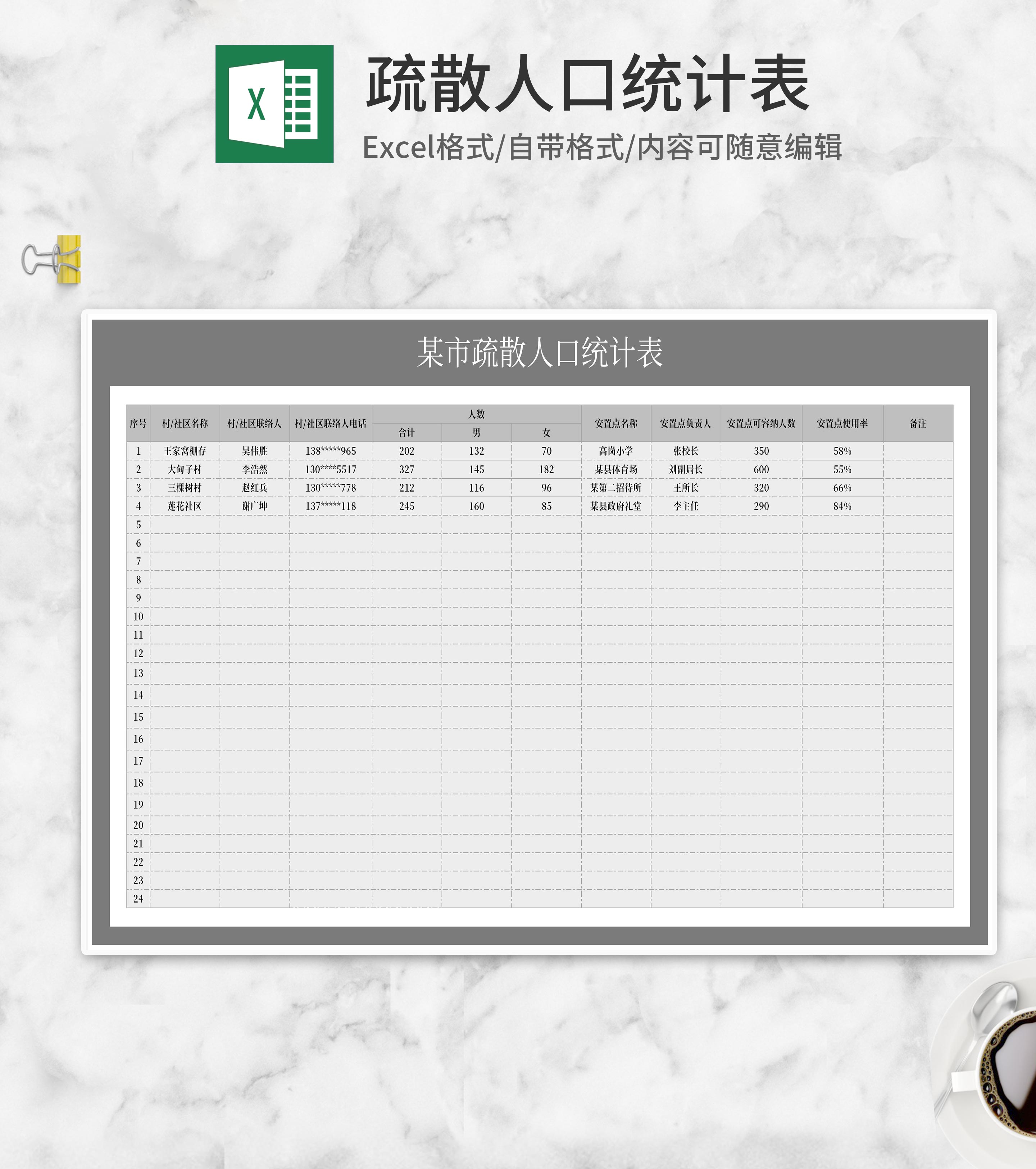 灰色疏散人口统计表Excel模板