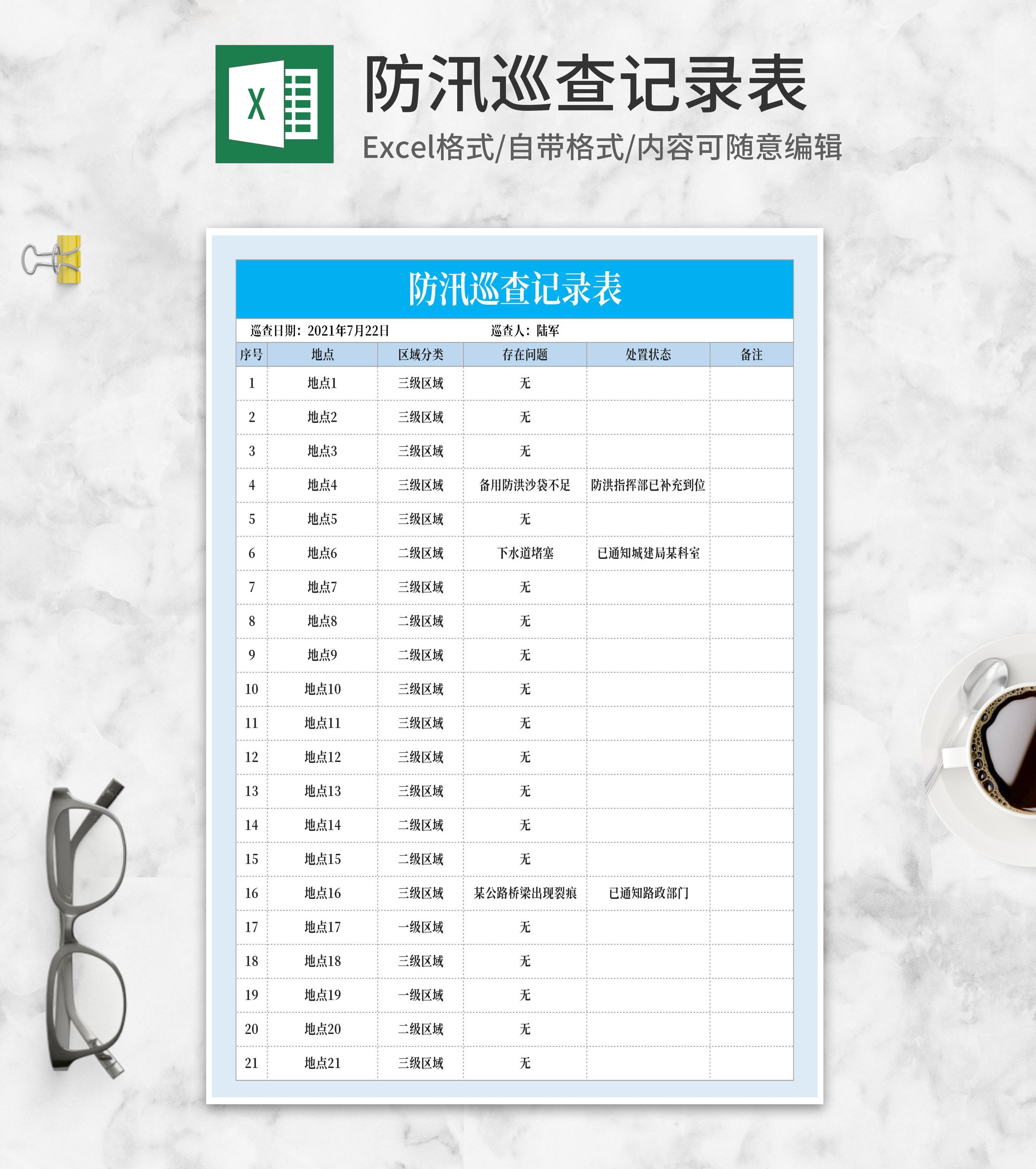 防汛物资巡查记录表Excel模板