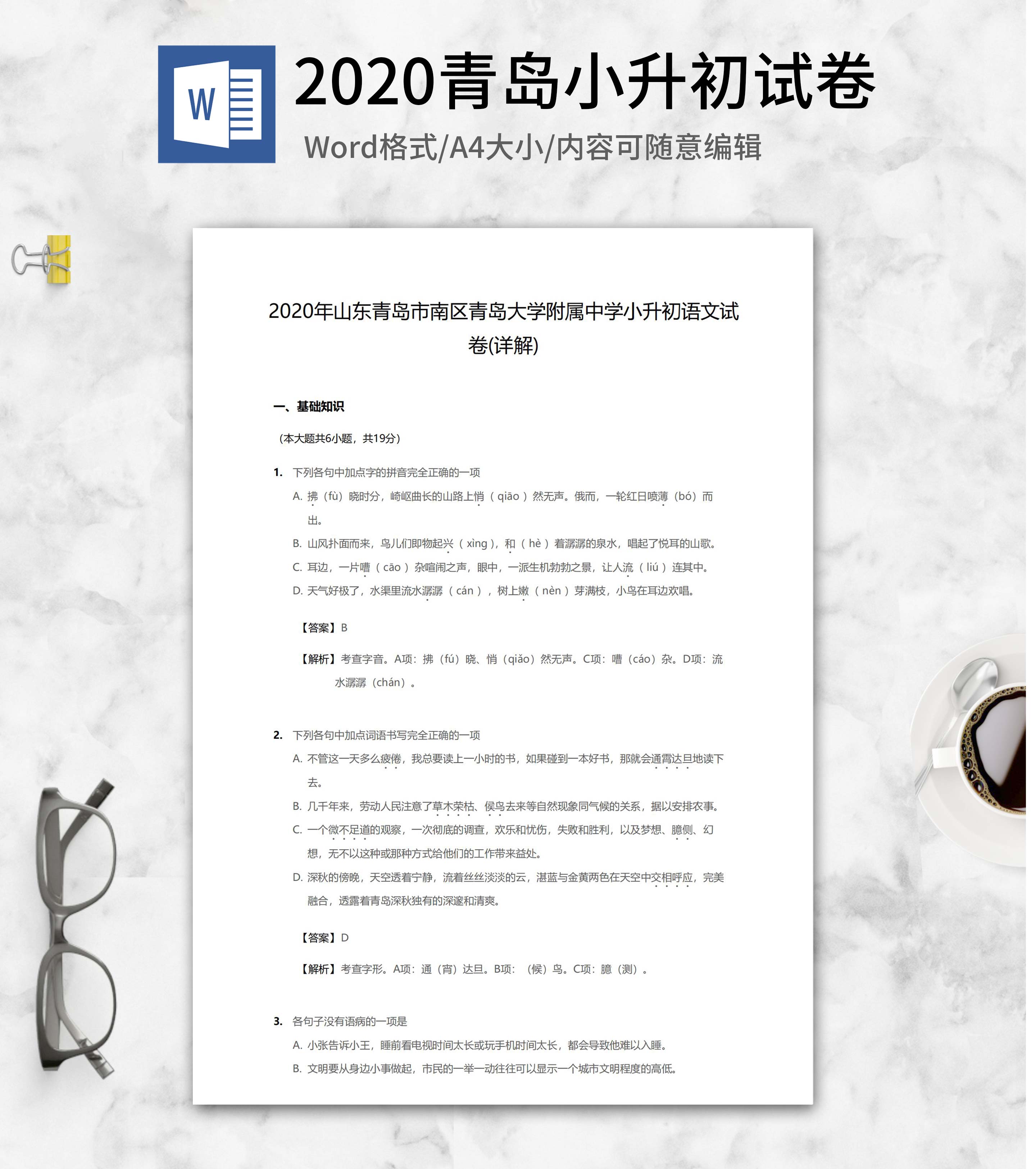 2020年青岛小升初语文试卷word模板