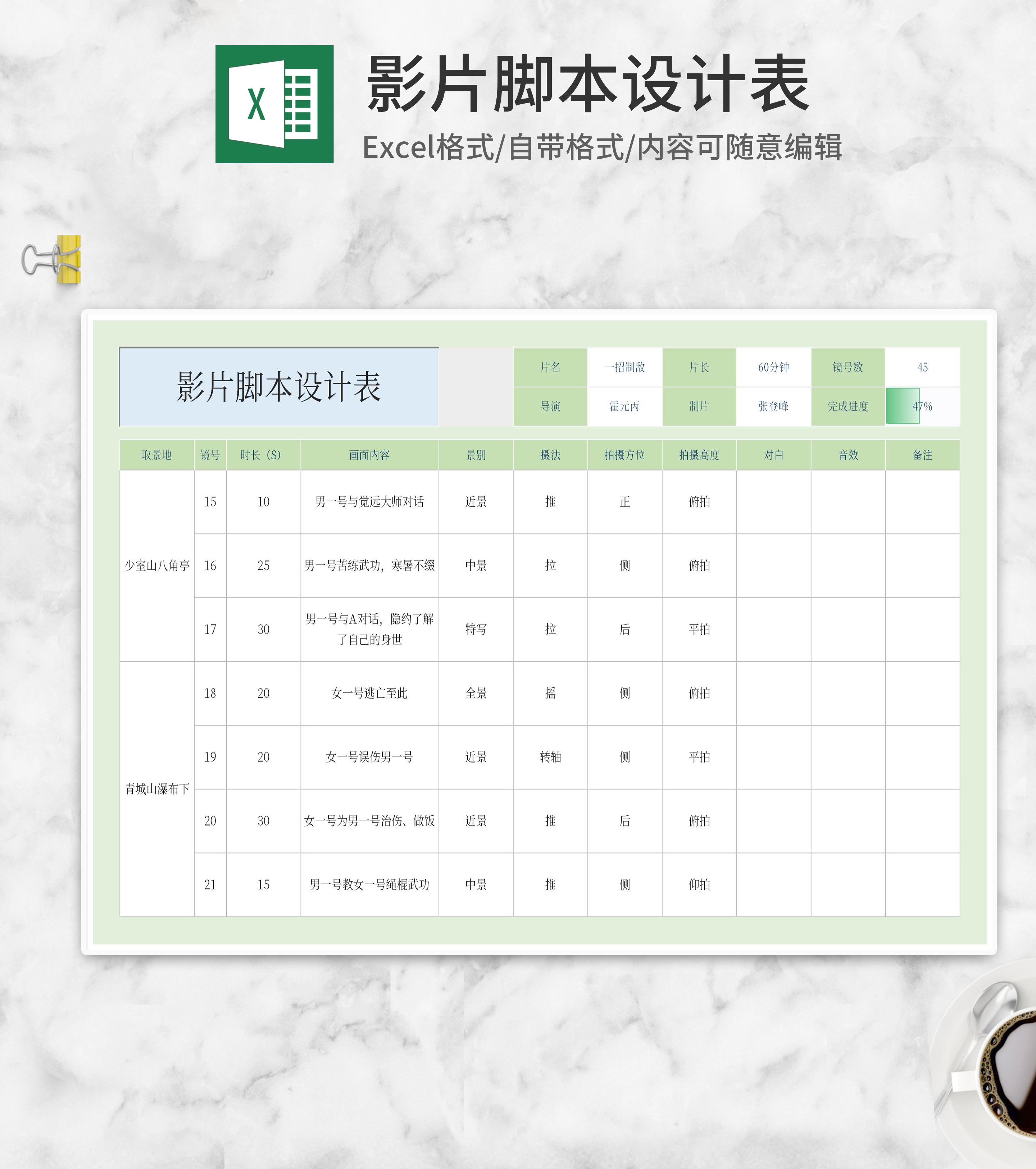 影片脚本设计表Excel模板