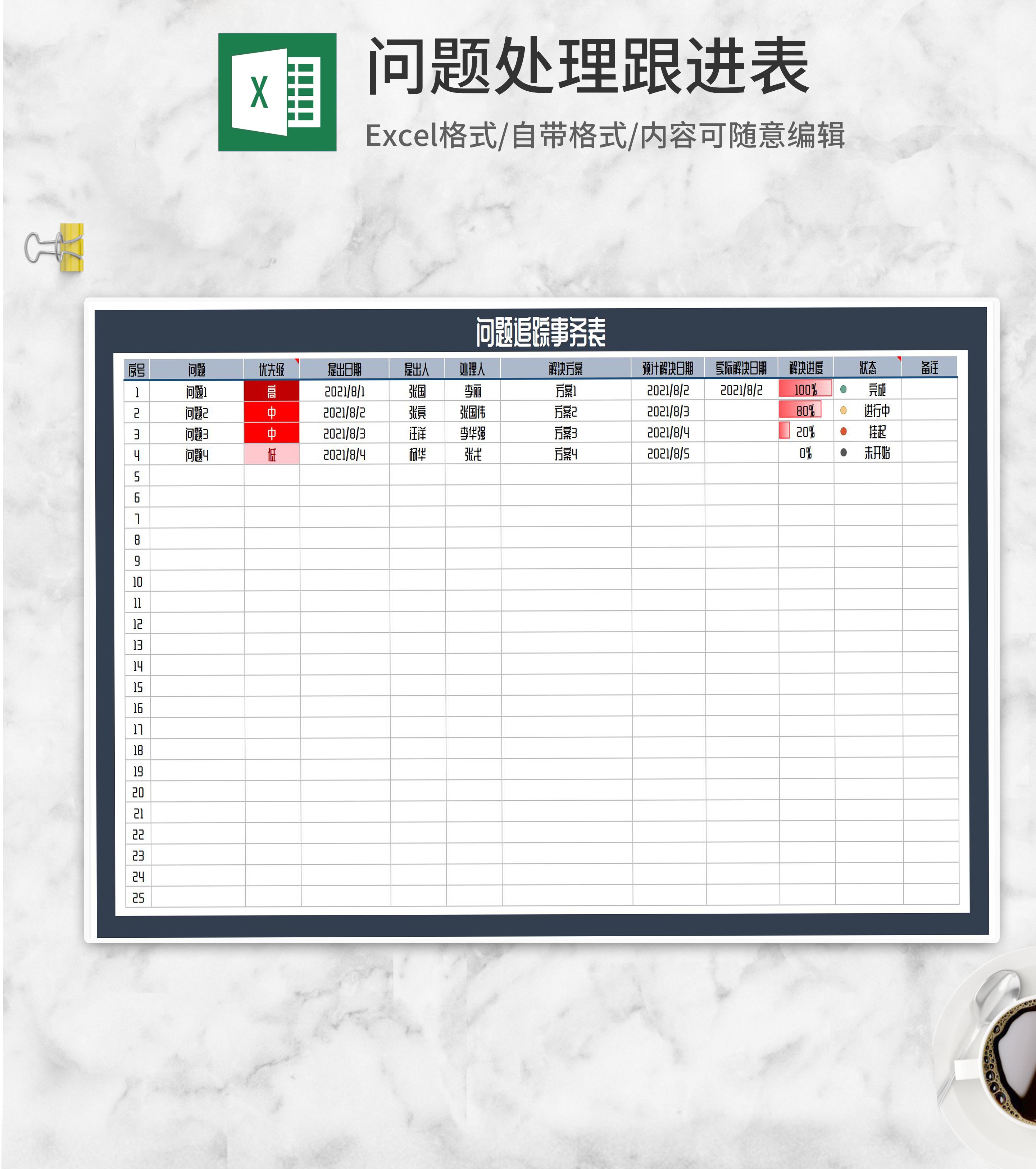 问题追踪事务计划表Excel模板
