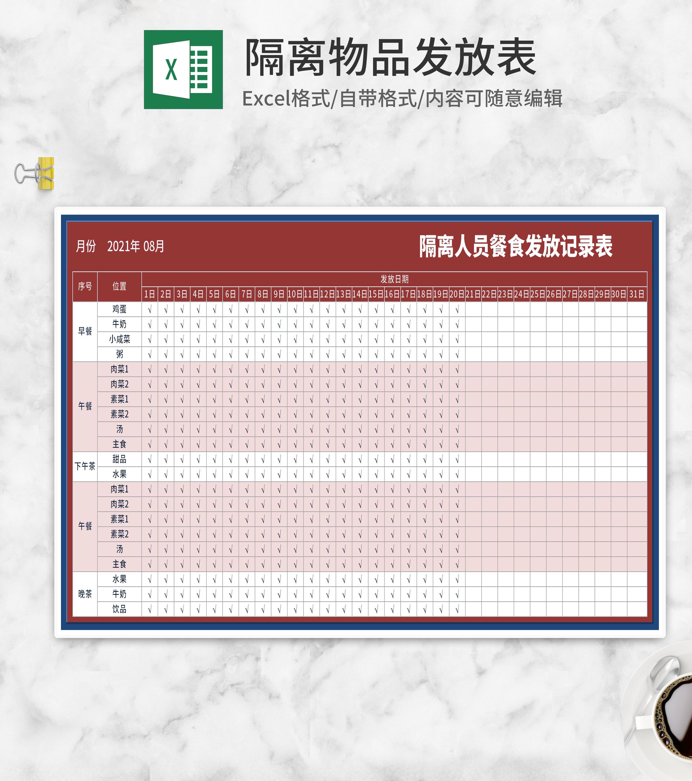 隔离人员餐食发放记录登记表Excel模板