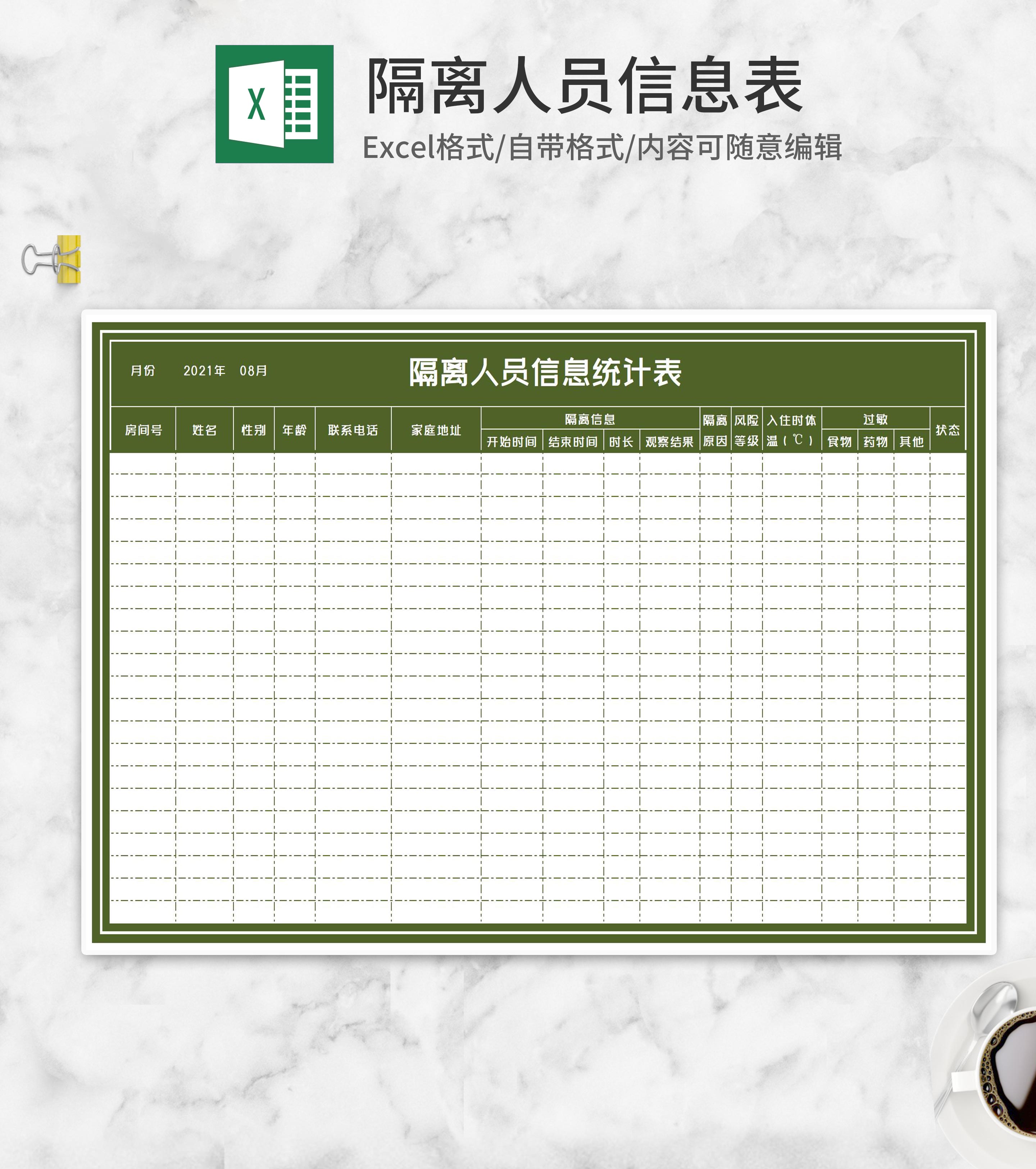 隔离人员信息统计登记表Excel模板