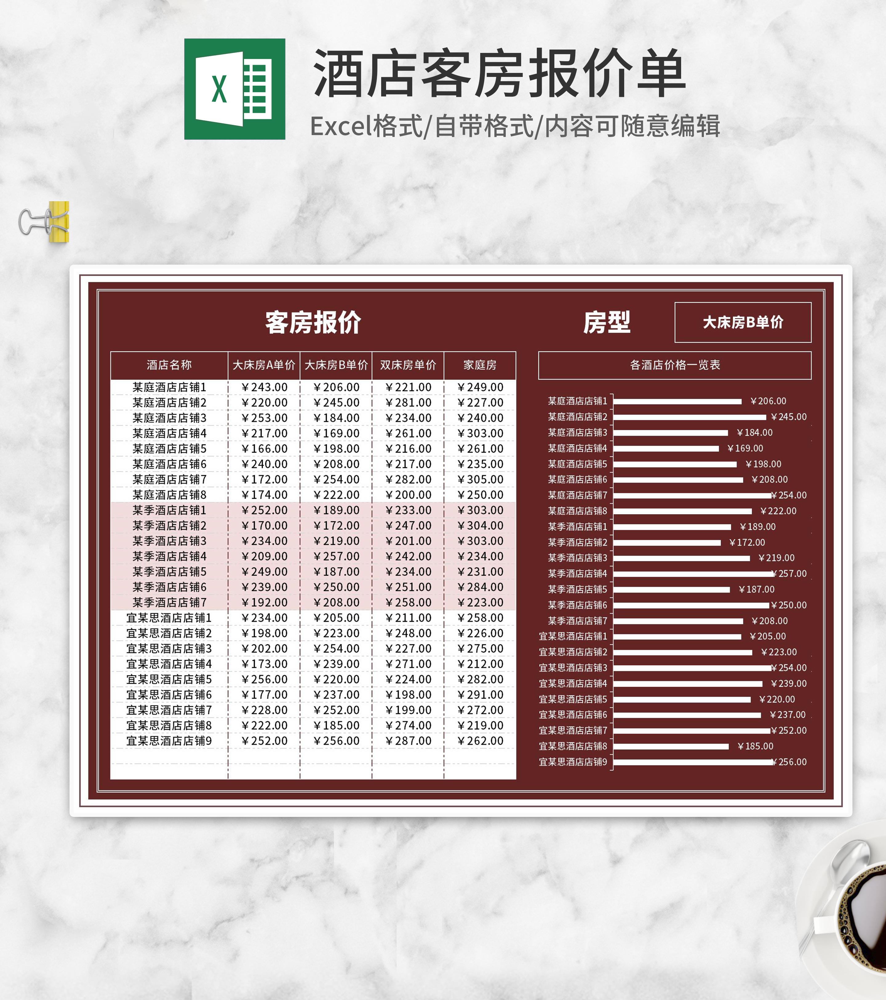 酒店客房报价一览表Excel模板