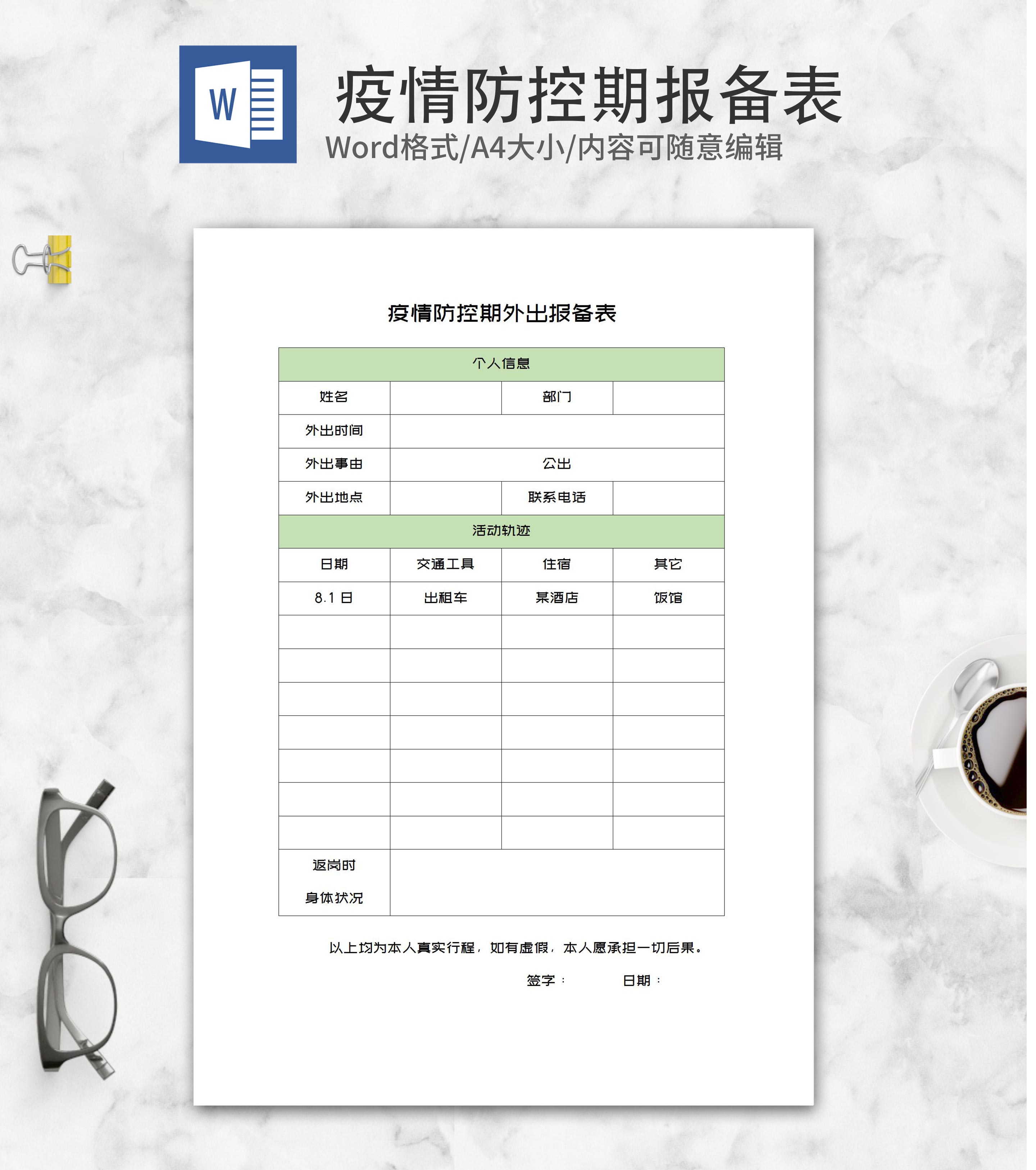 员工疫情防控期外出报备表word模板