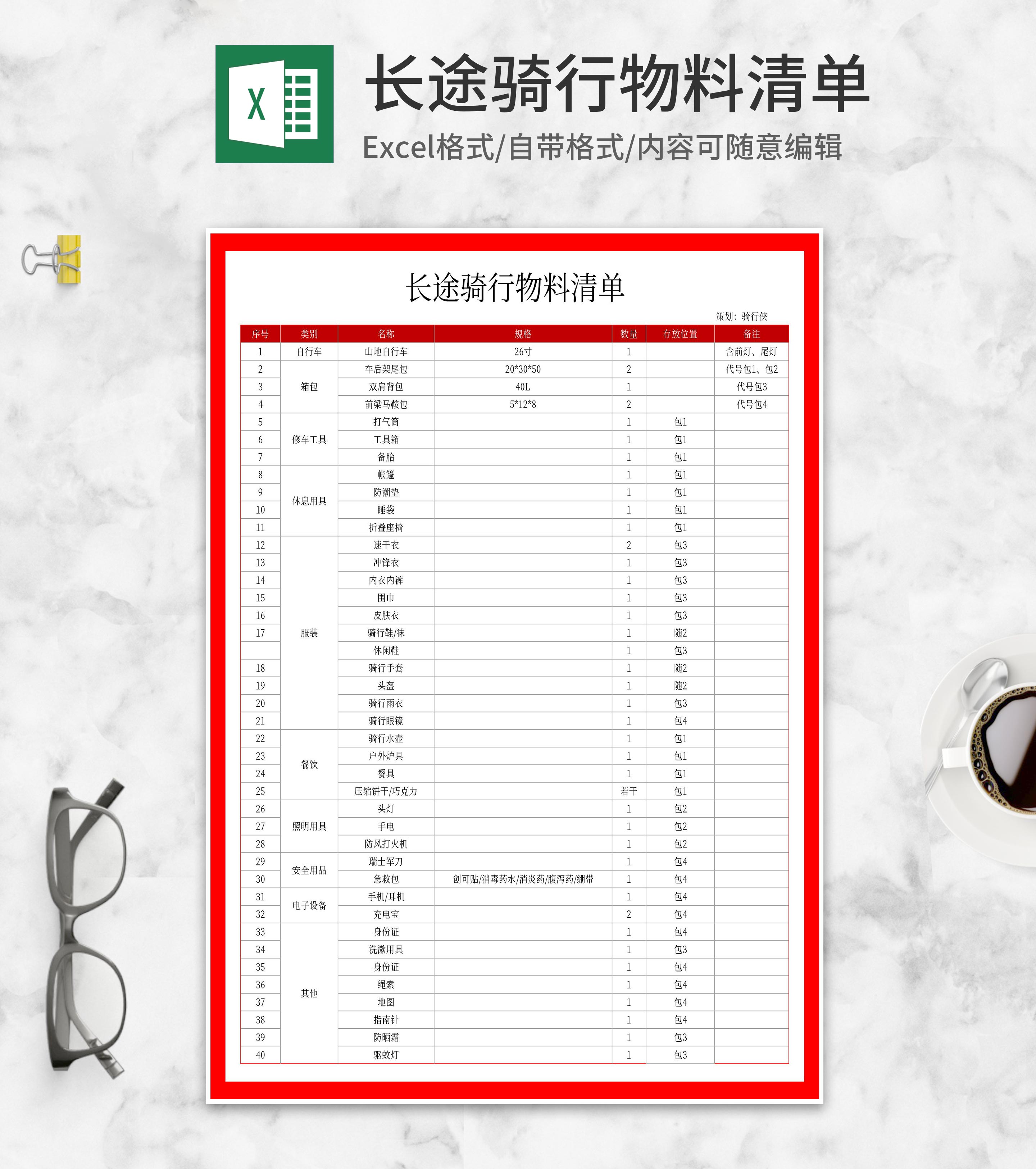 长途骑行物料清单Excel模板