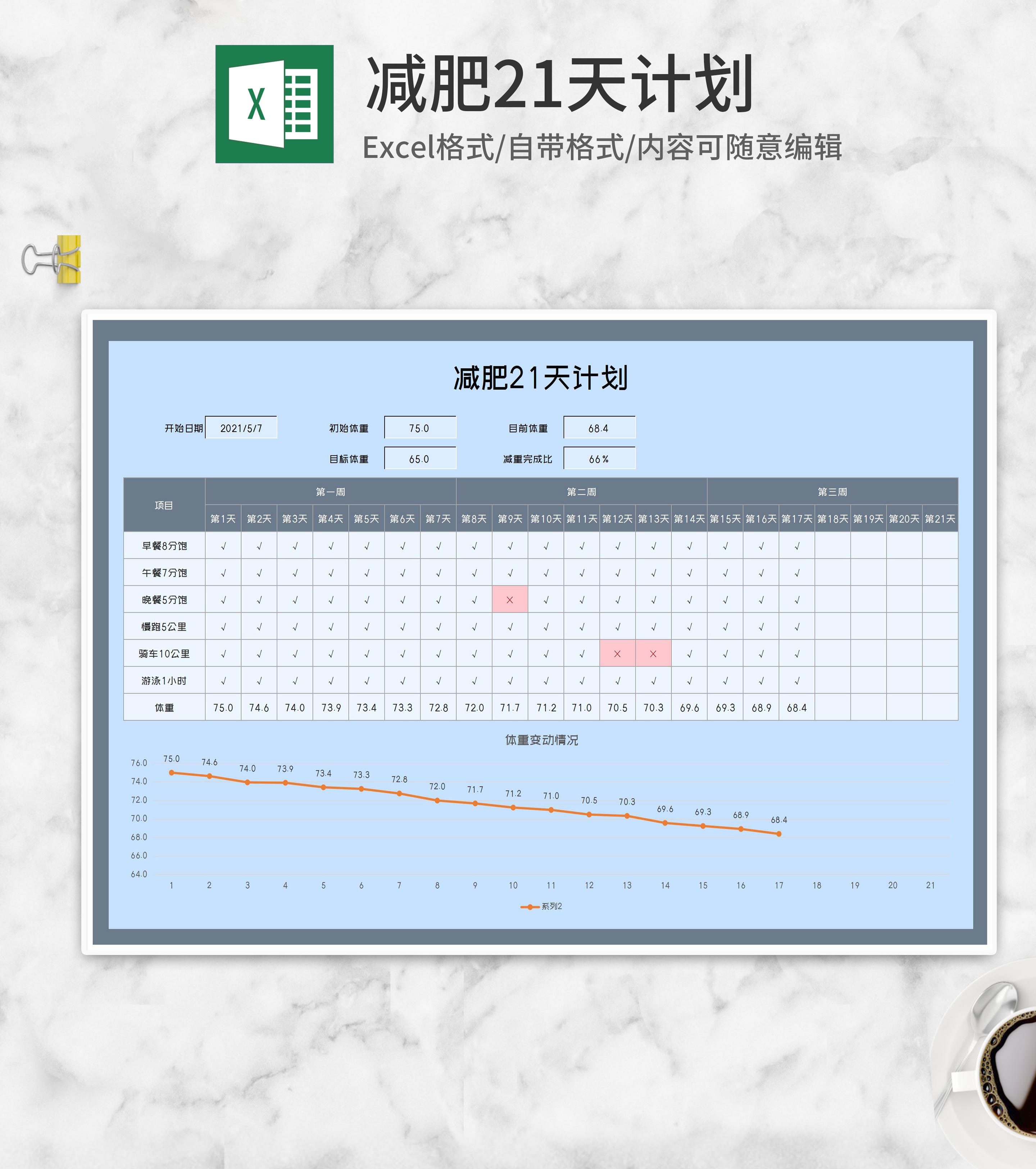 减肥项目21天打卡计划Excel模板