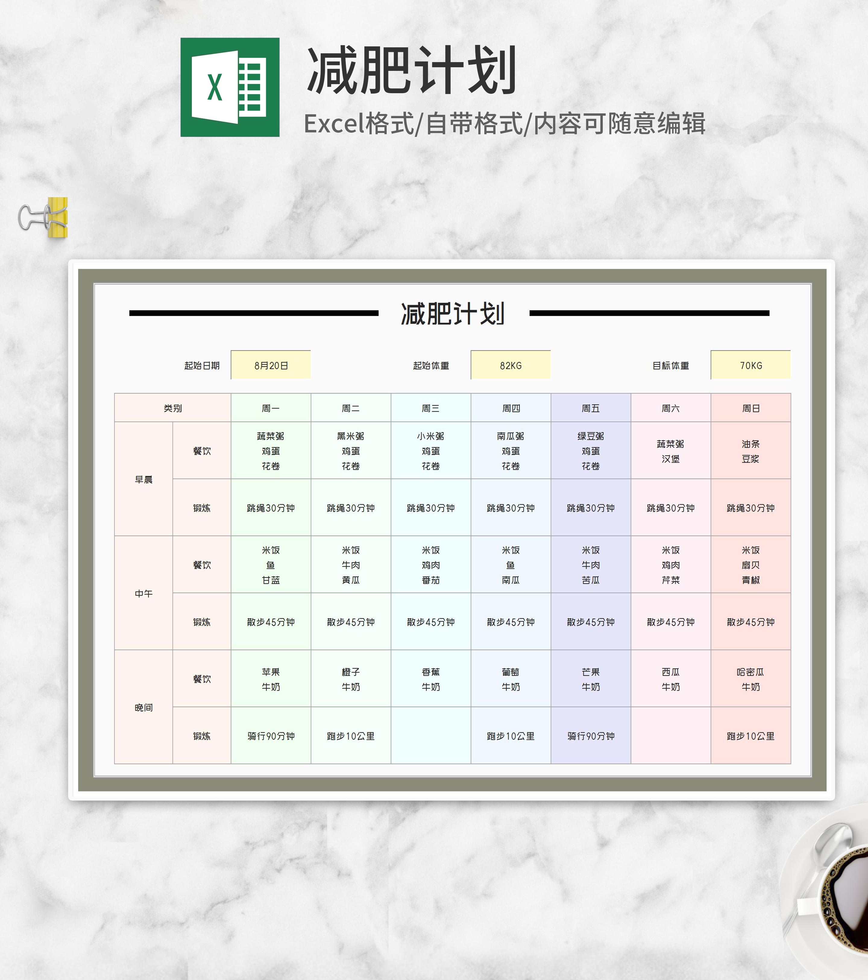 减肥项目计划表Excel模板