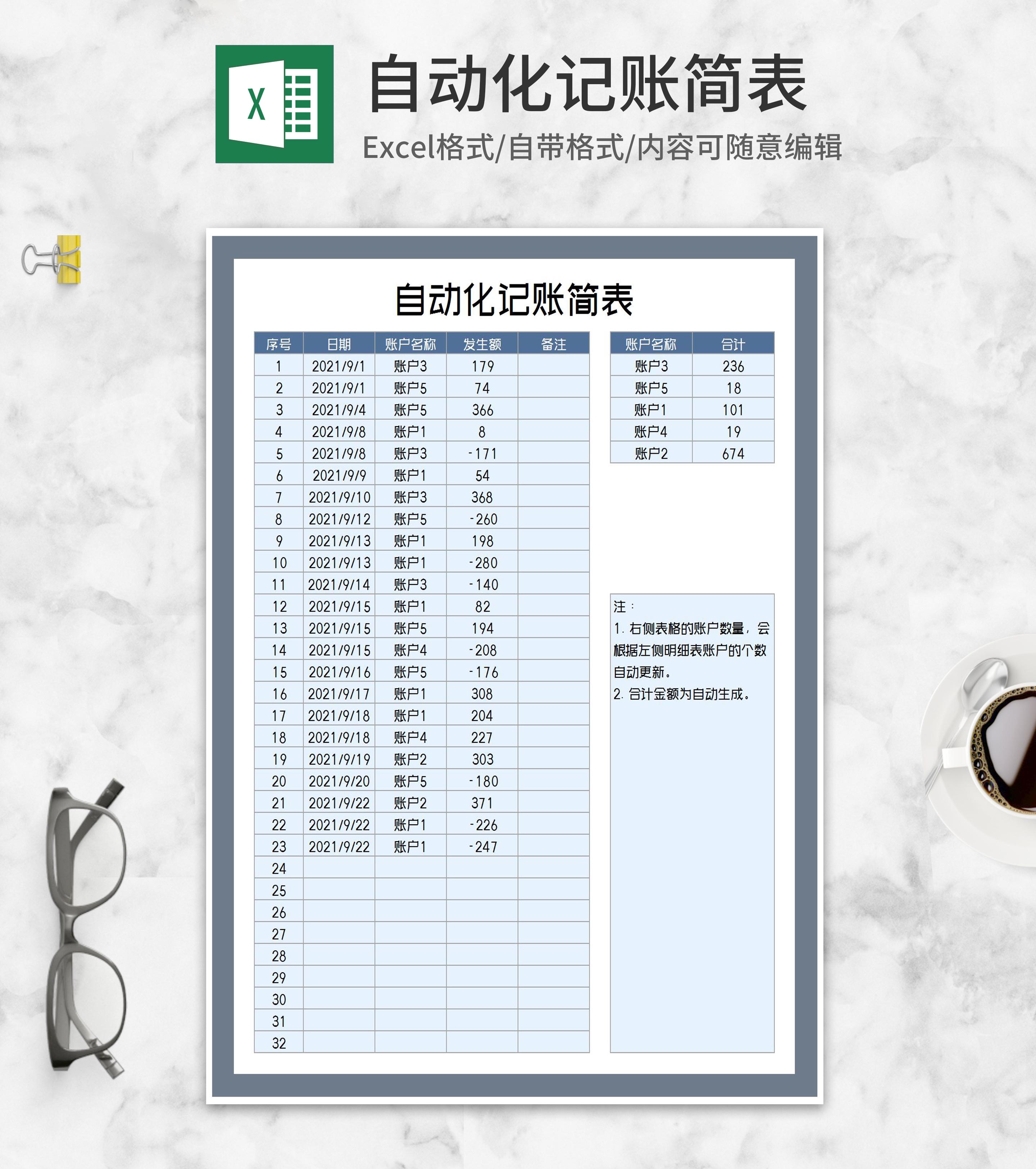 公司个人自动化记账简表Excel模板