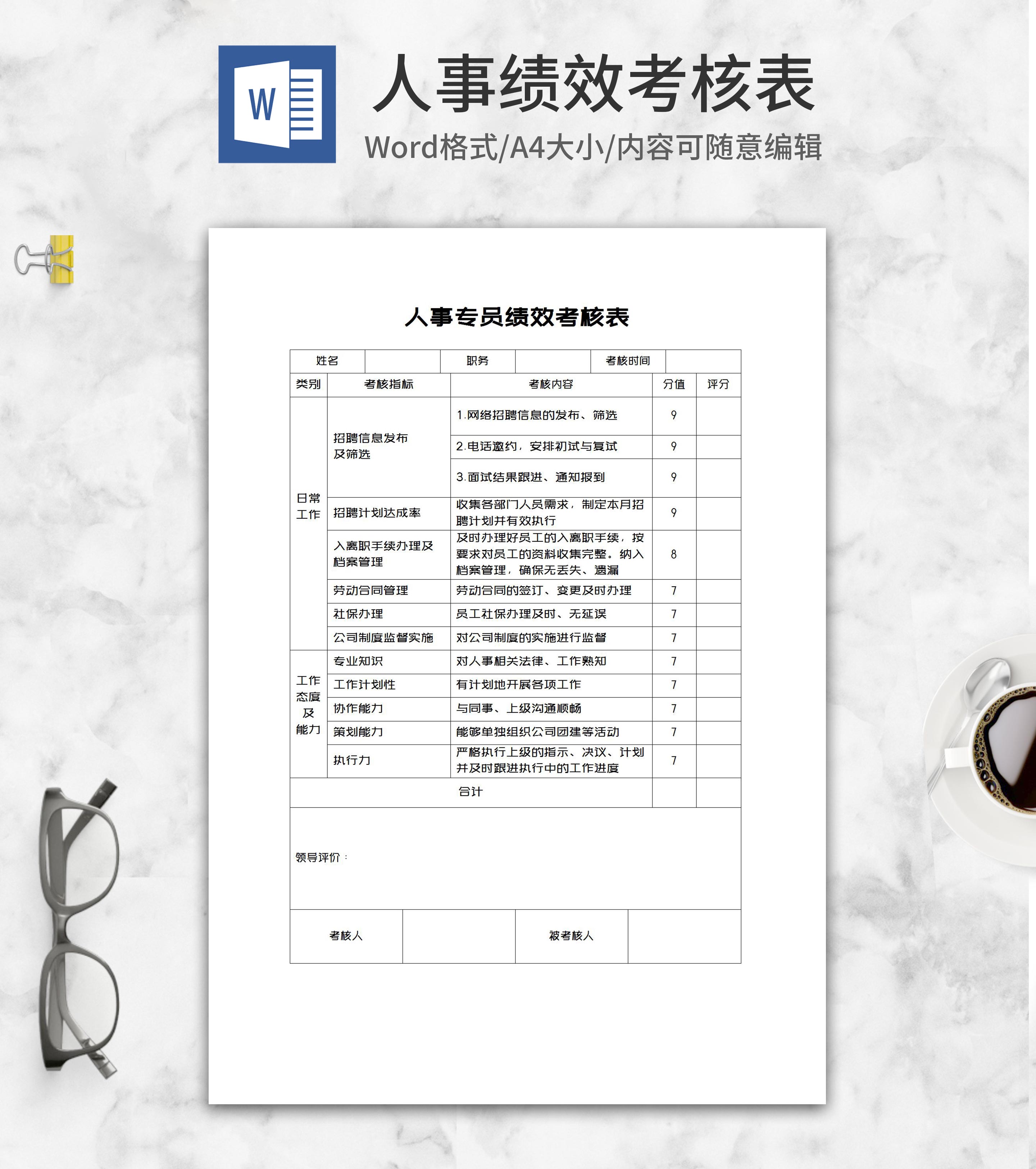 人事专员绩效考核表word模板