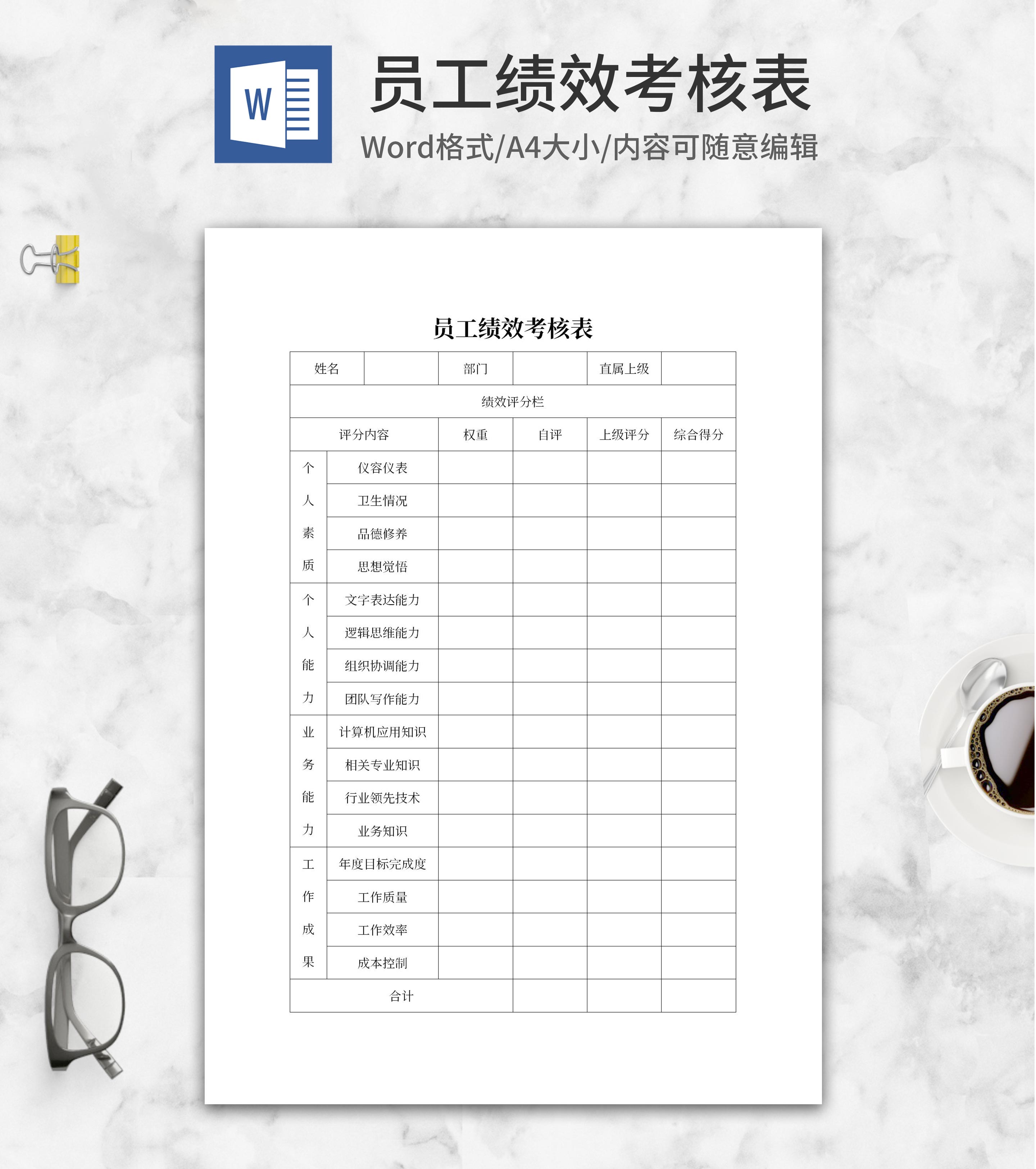 员工绩效考核评分汇总表word模板