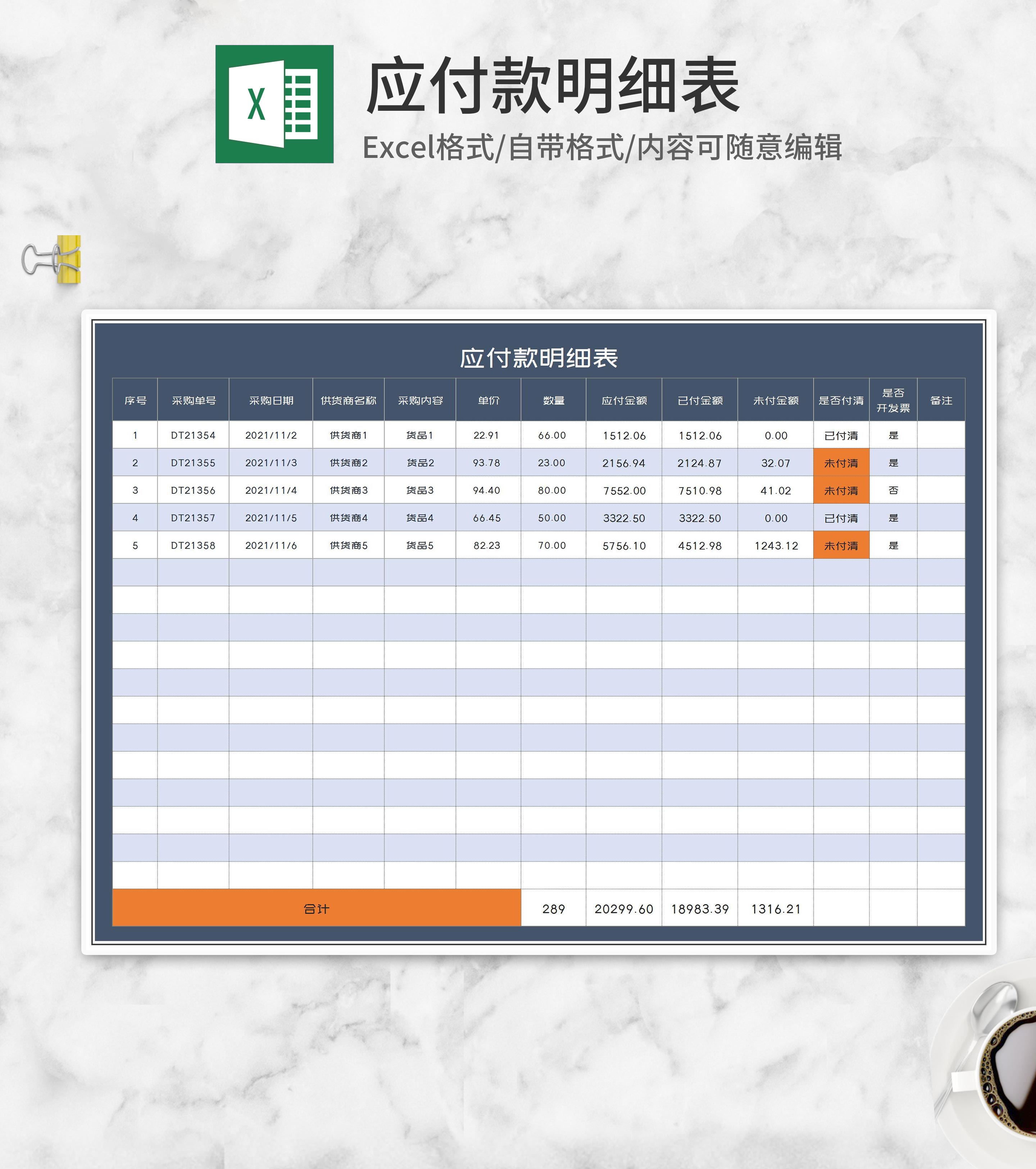 货品采购订单应付款明细表Excel模板