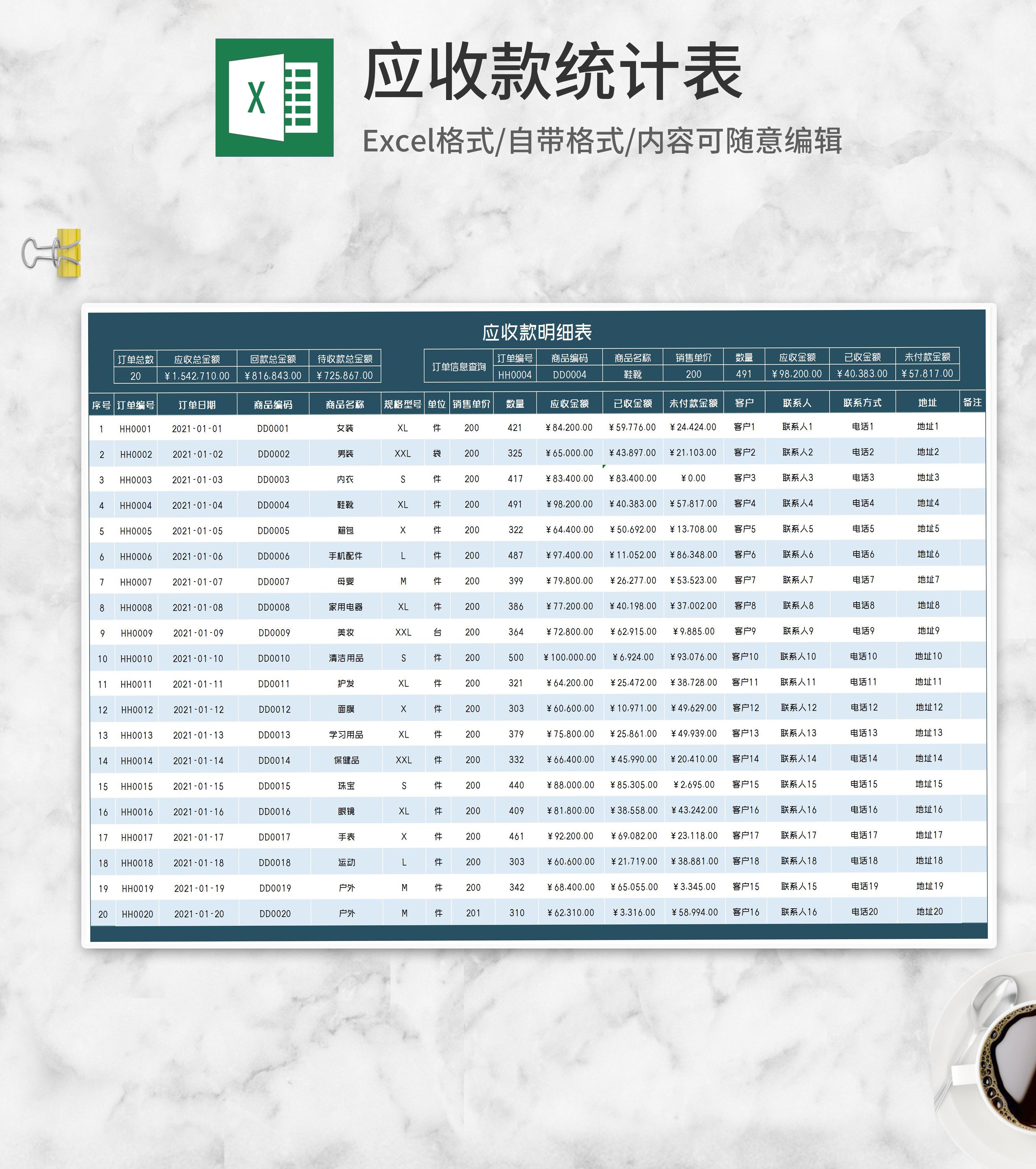 商品订单应收款明细表Excel模板