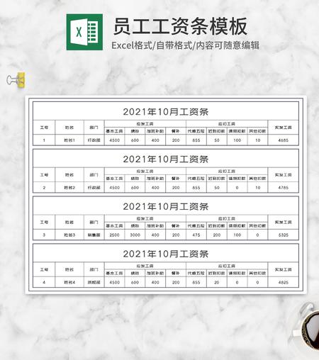简约公司部门员工工资条Excel模板