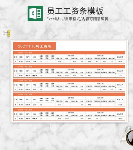 橙色公司员工工资条Excel模板