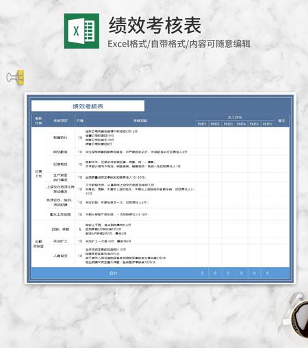 蓝色项目员工绩效考核表Excel模板