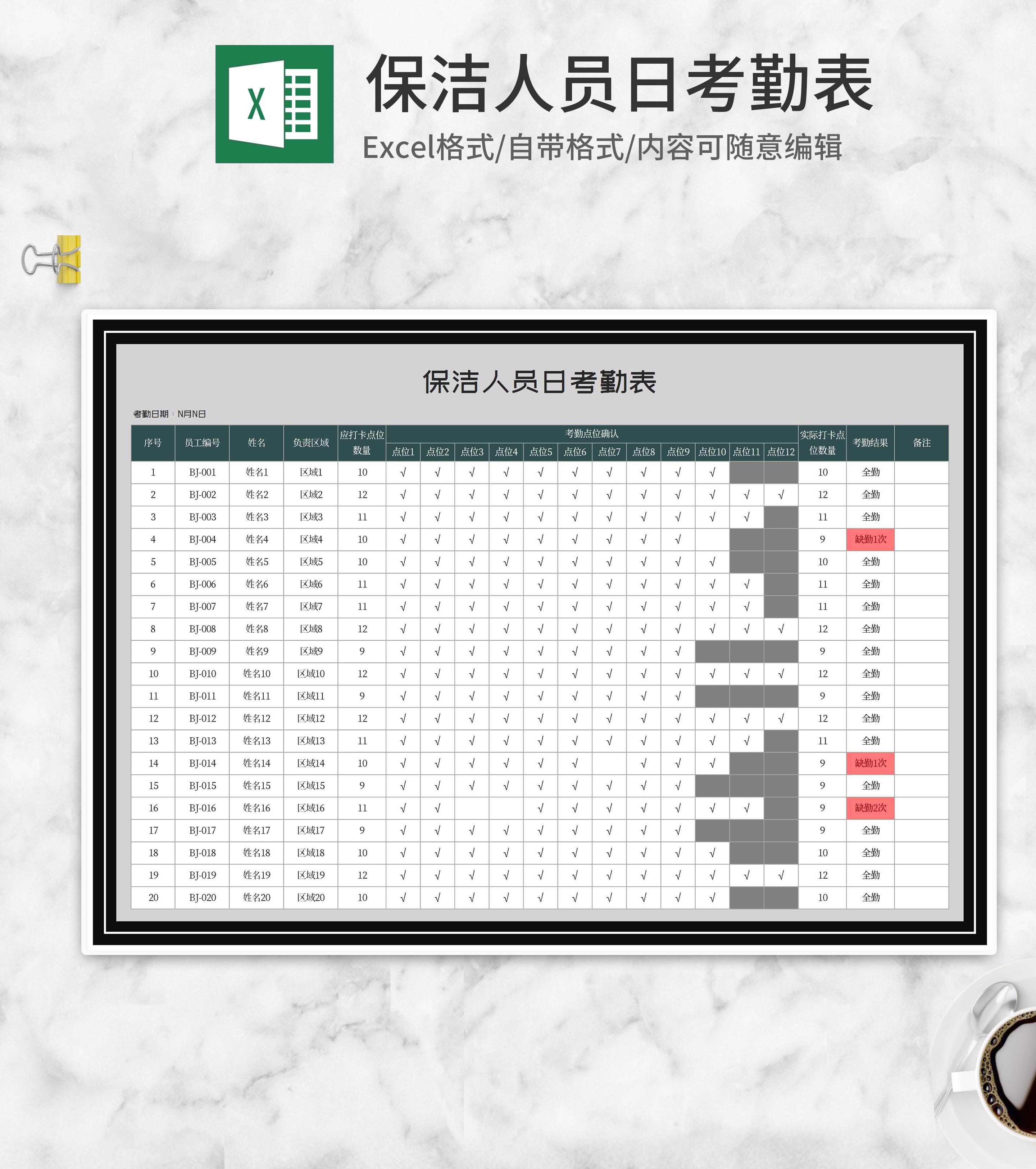 商务风保洁人员日考勤表Excel模板