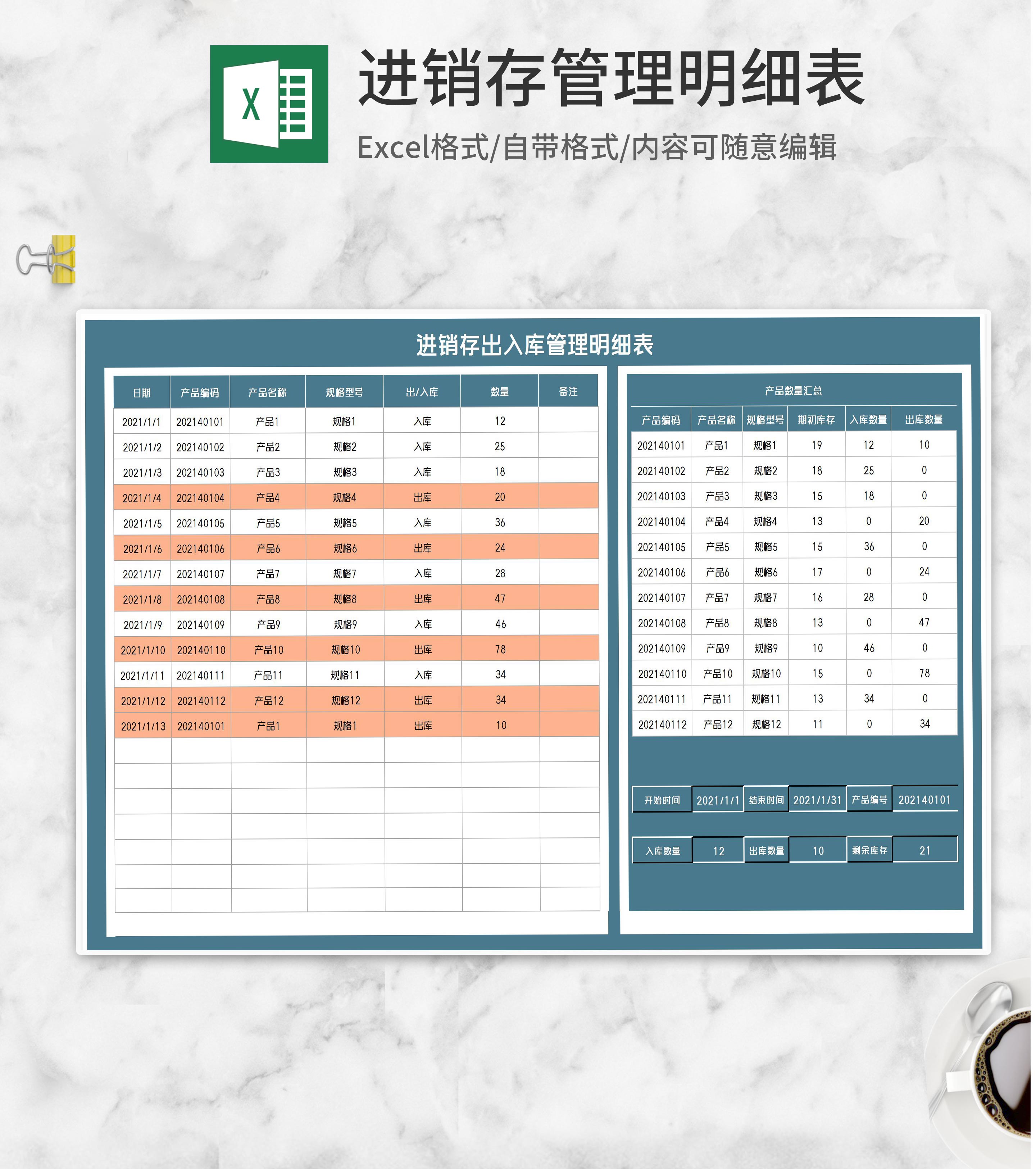 产品进销存出入库管理明细表Excel模板