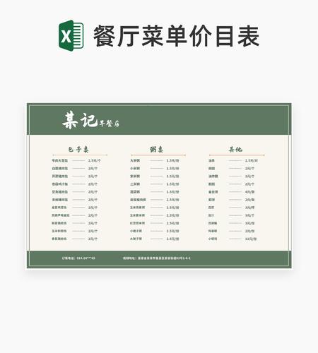 早餐店菜单价目明细表Excel模板