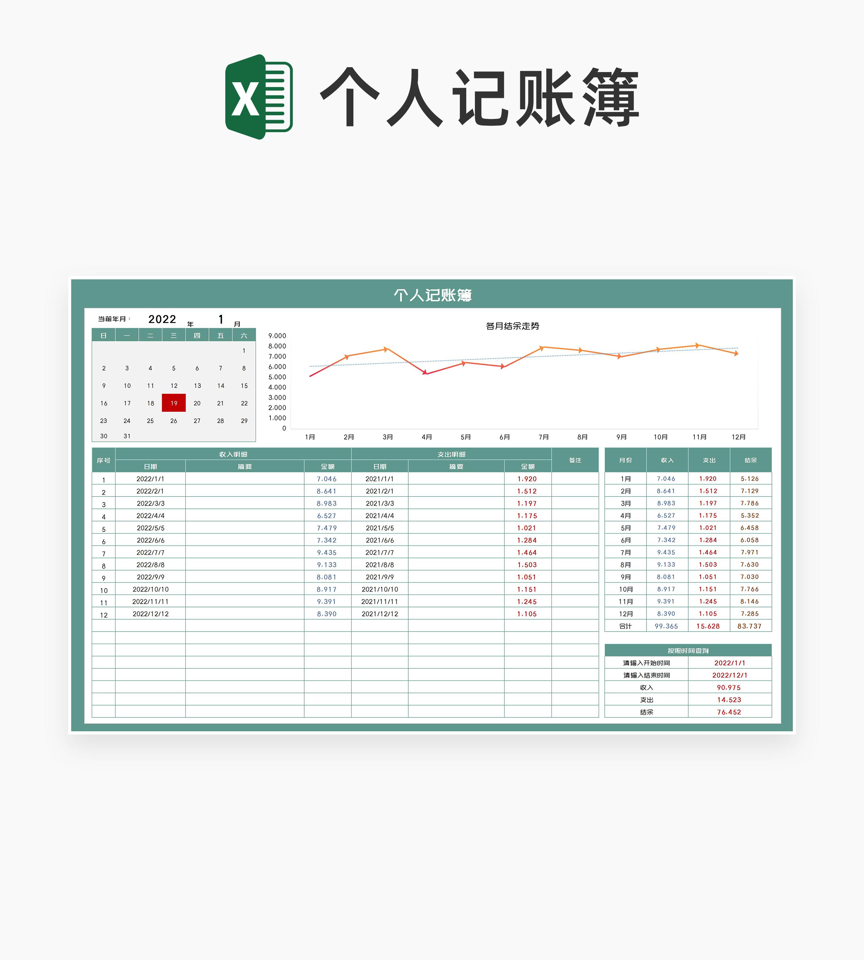年度个人收支费用记账薄Excel模板