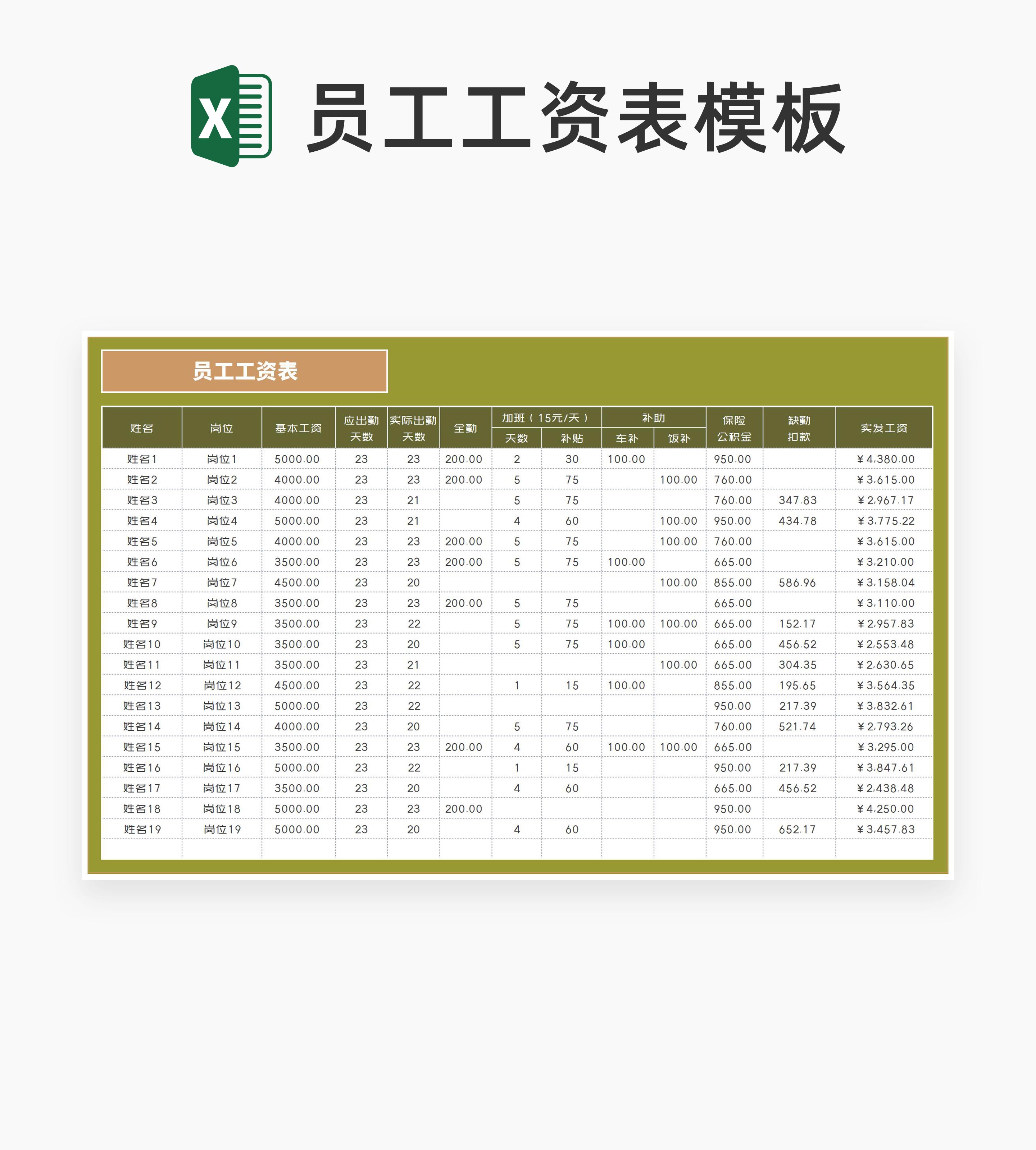 商务风员工工资明细汇总表Excel模板