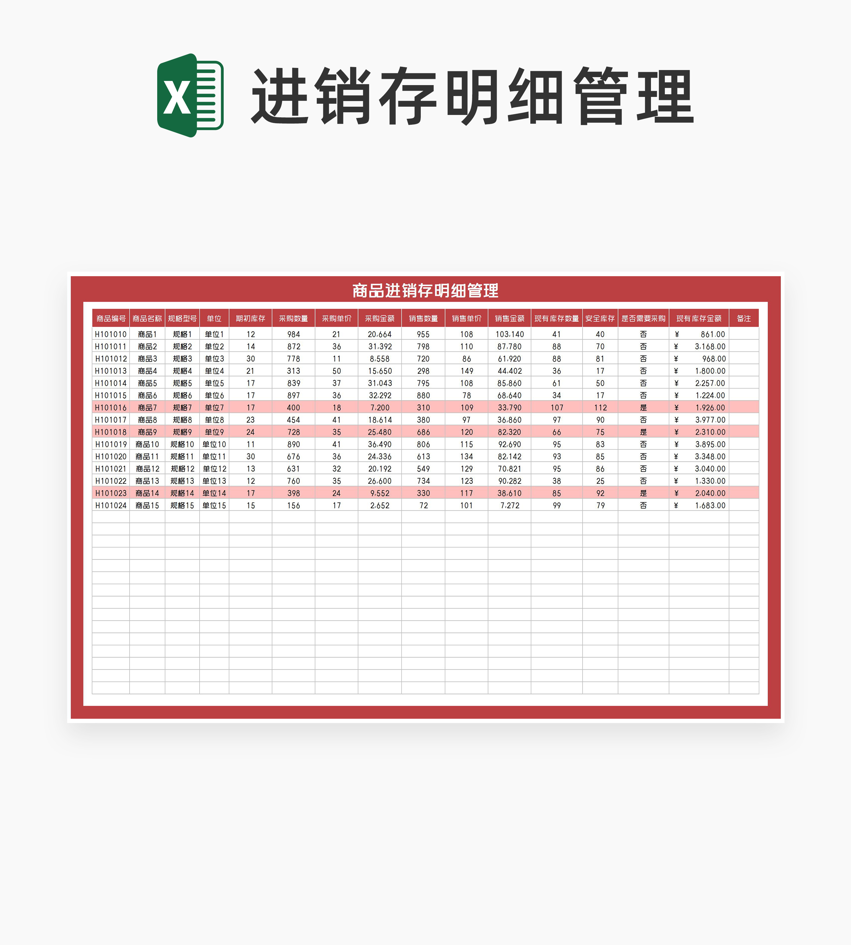 小清新红色商品进销存明细管理Excel模板